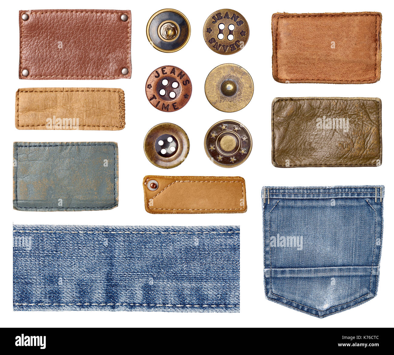 Sammlung von verschiedenen jeans Teile und Tasten Stockfoto