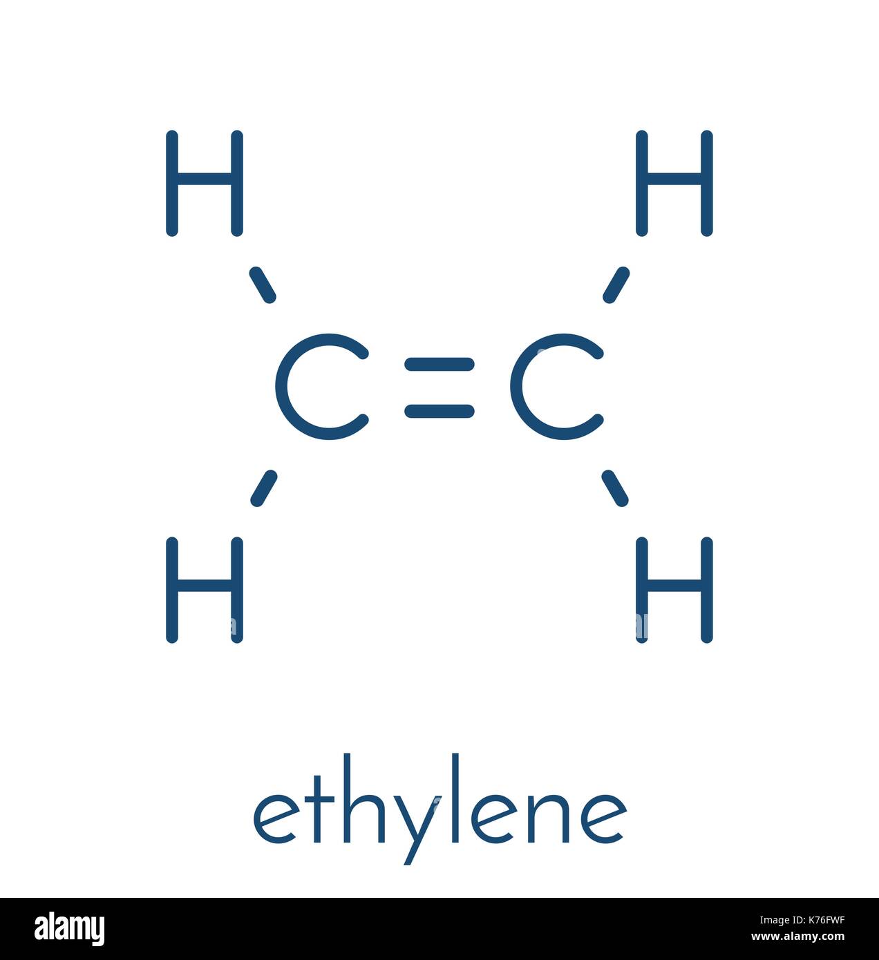 Ethylen (ethen) Molekül. In der Produktion von Polyethylen verwendet, sondern auch wichtig als pflanzenhormon. Skelettmuskulatur Formel. Stock Vektor