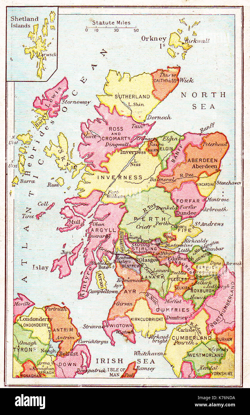 Ein Jahrgang der Schule 1914 Atlas Farbe Karte von Schottland, die Grafschaften etc. Stockfoto