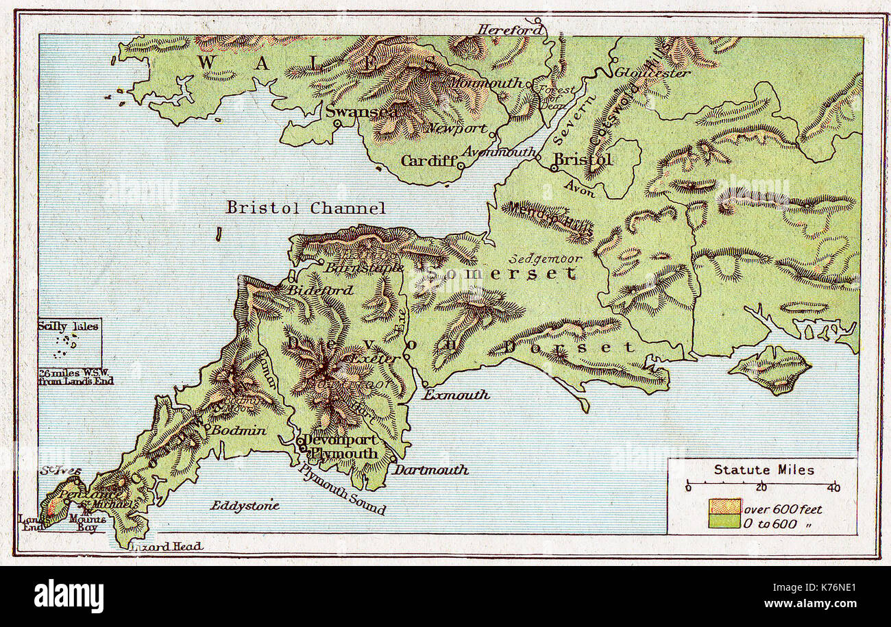 Ein 1914 vintage Farbe Karte von South West England Stockfoto