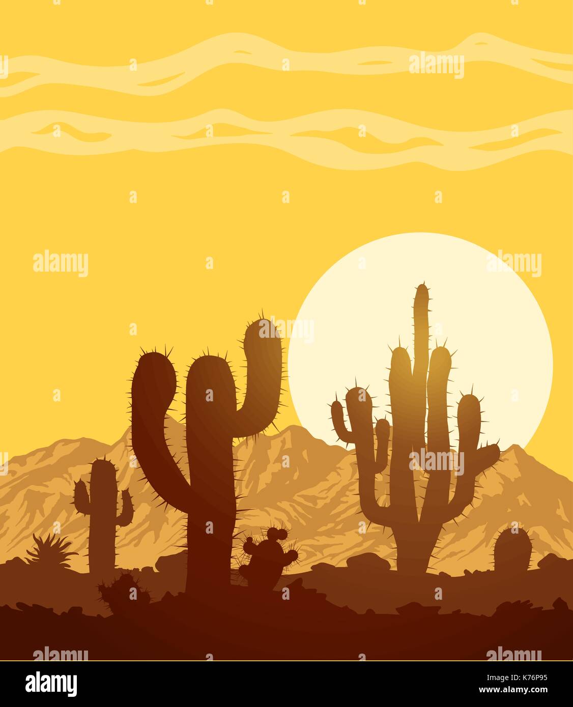 Sonnenuntergang in Stein Wüste mit Kakteen Stock Vektor