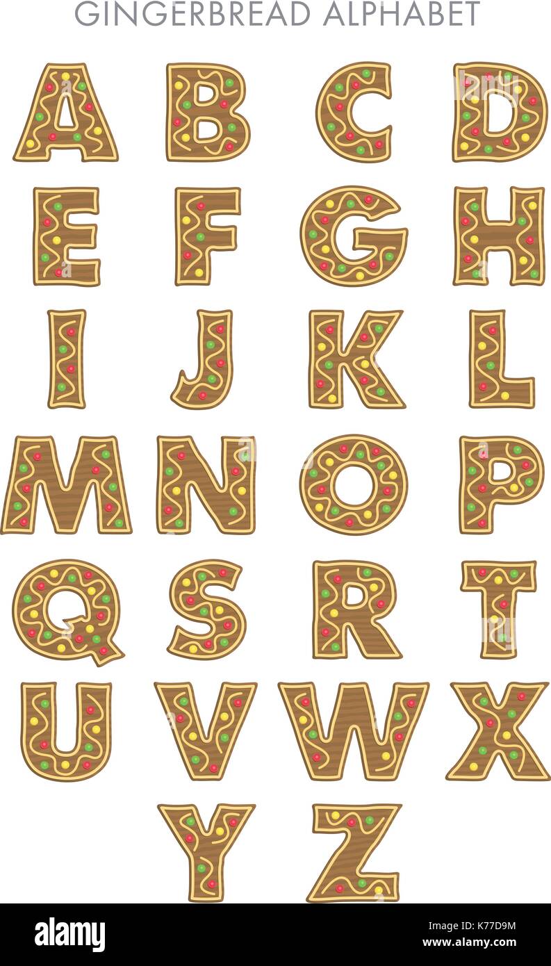 Lebkuchen-Cookie-Alphabet mit Weihnachtsdekoration auf weißem Hintergrund - Vektorbild Stock Vektor