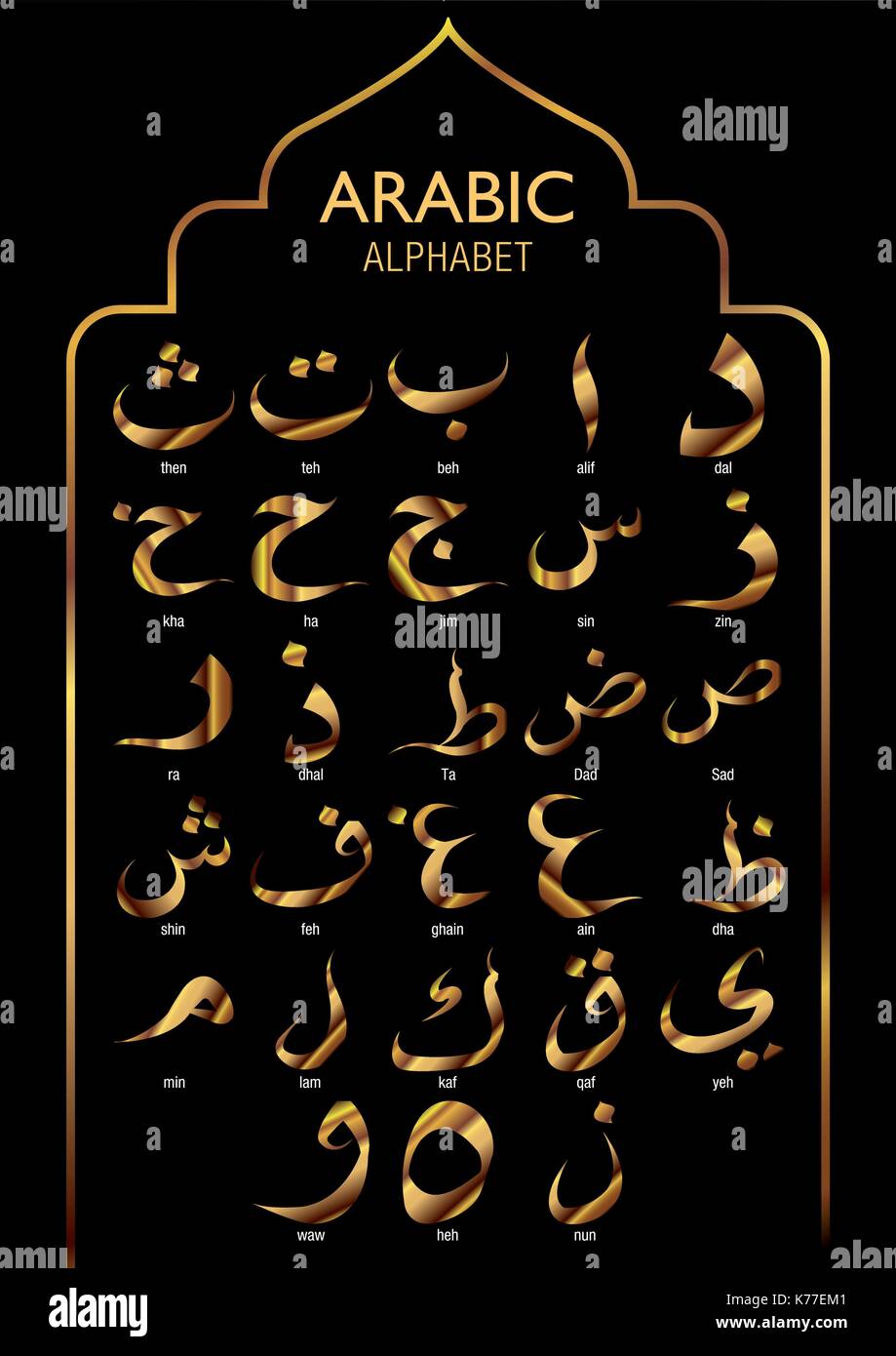 Satz von Gold arabische Alphabet auf schwarzem Hintergrund - Vektorbild Stock Vektor