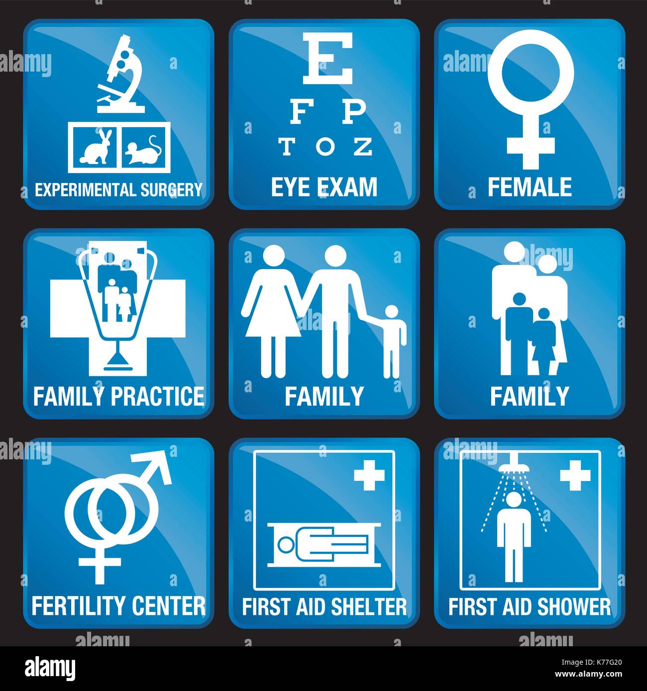 Set von medizinischen Symbolen in blauen quadratischen Hintergrund - EXPERIMENTELLE CHIRURGIE, AUGENUNTERSUCHUNG, WEIBLICH, FAMILIENPRAXIS, FAMILIE, FRUCHTBARKEITSZENTRUM, ERSTE-HILFE-UNTERKUNFT Stock Vektor