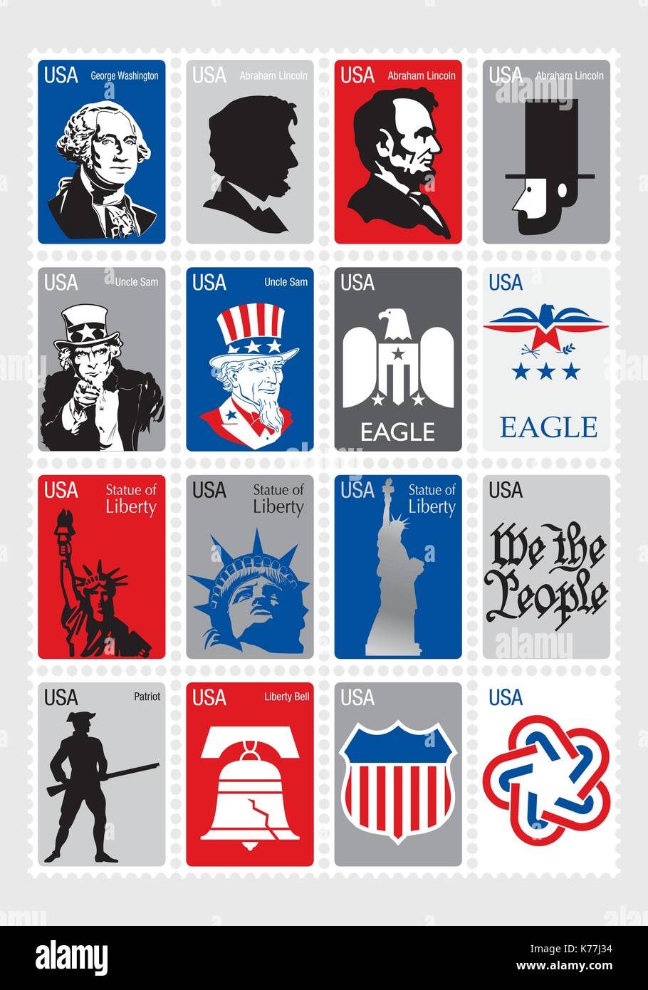 USA Symbole - Symbole gestaltete Briefmarken Stock Vektor