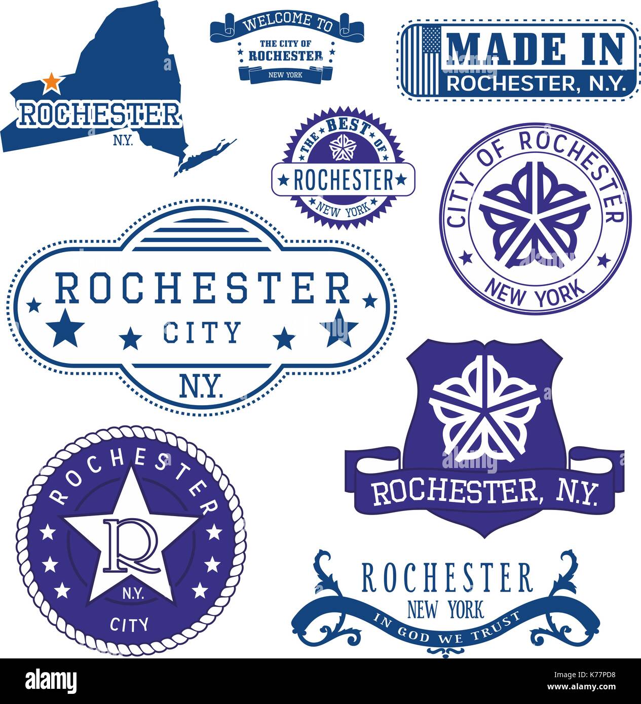 Satz generischer Stempel und Zeichen von Rochester, New York State Stock Vektor