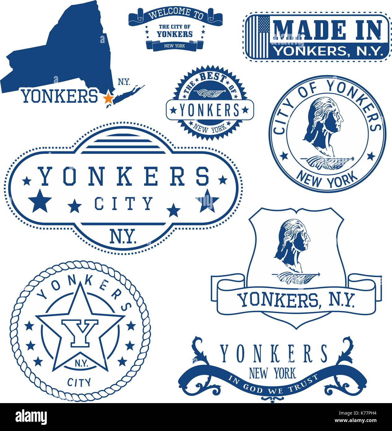 Satz generischer Stempel und Zeichen der Stadt Yonkers, New York State Stock Vektor