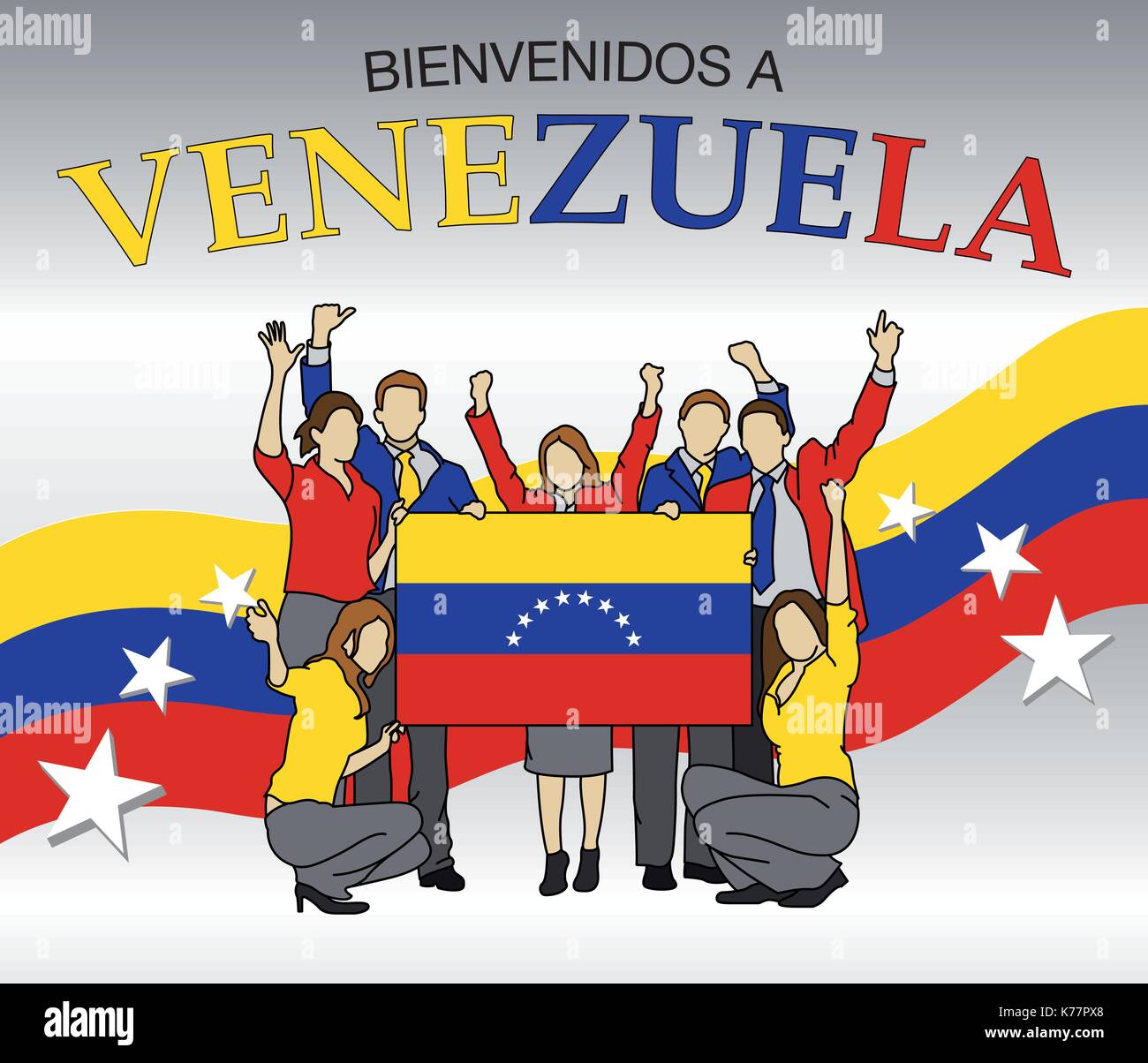 Willkommen in Venezuela in spanischer Sprache - Gruppe von Menschen in den Farben der Venezuela Flagge gekleidet, winken mit Händen und halten die Flagge - Vektor Stock Vektor