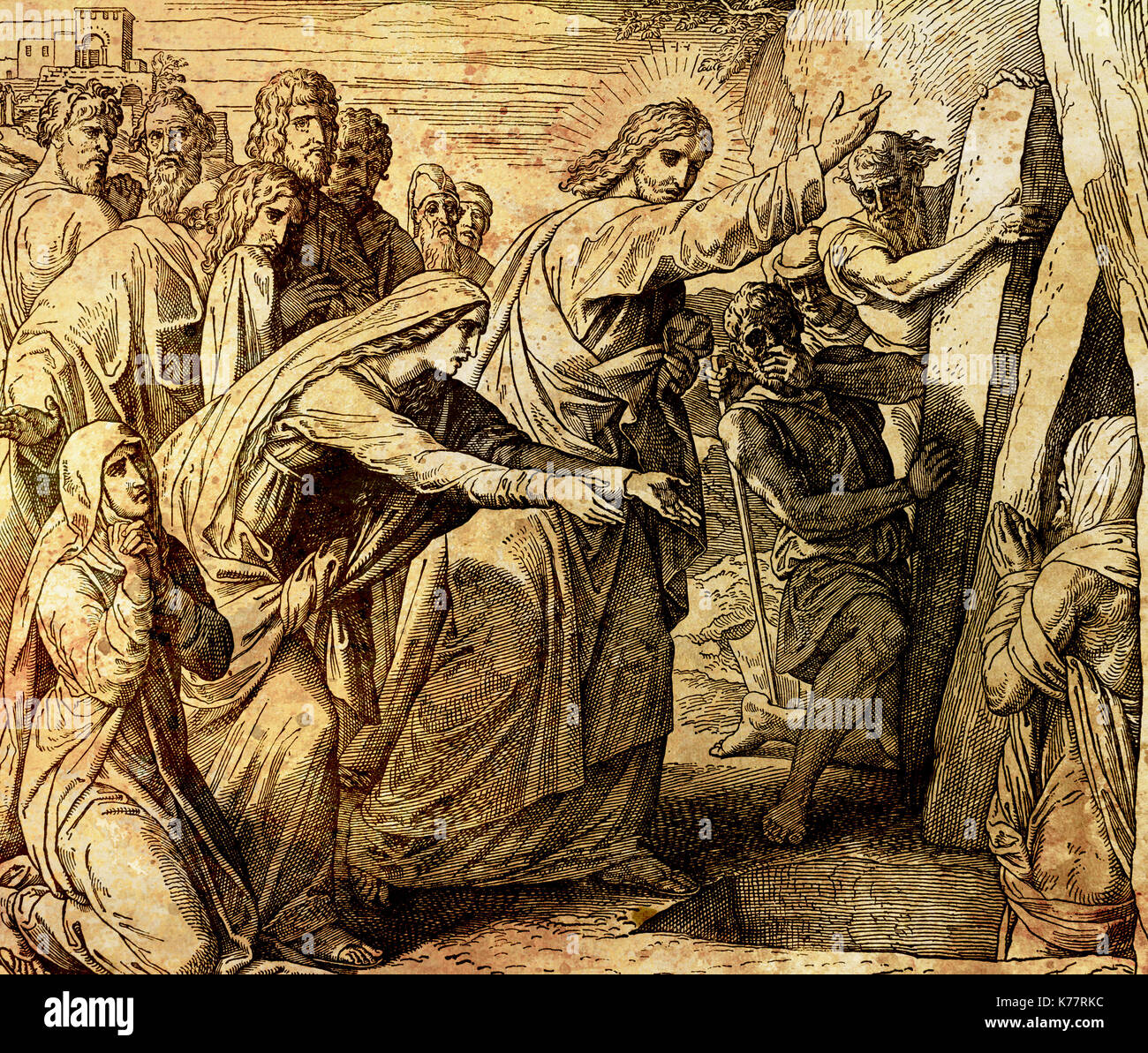 Die Auferstehung des Lazarus, Grafik Collage von der Gravur des Nazareene Schule, in der heiligen Bibel veröffentlicht, St. Vojtech Publishing, Trnava, Slowakei, 1937. Stockfoto