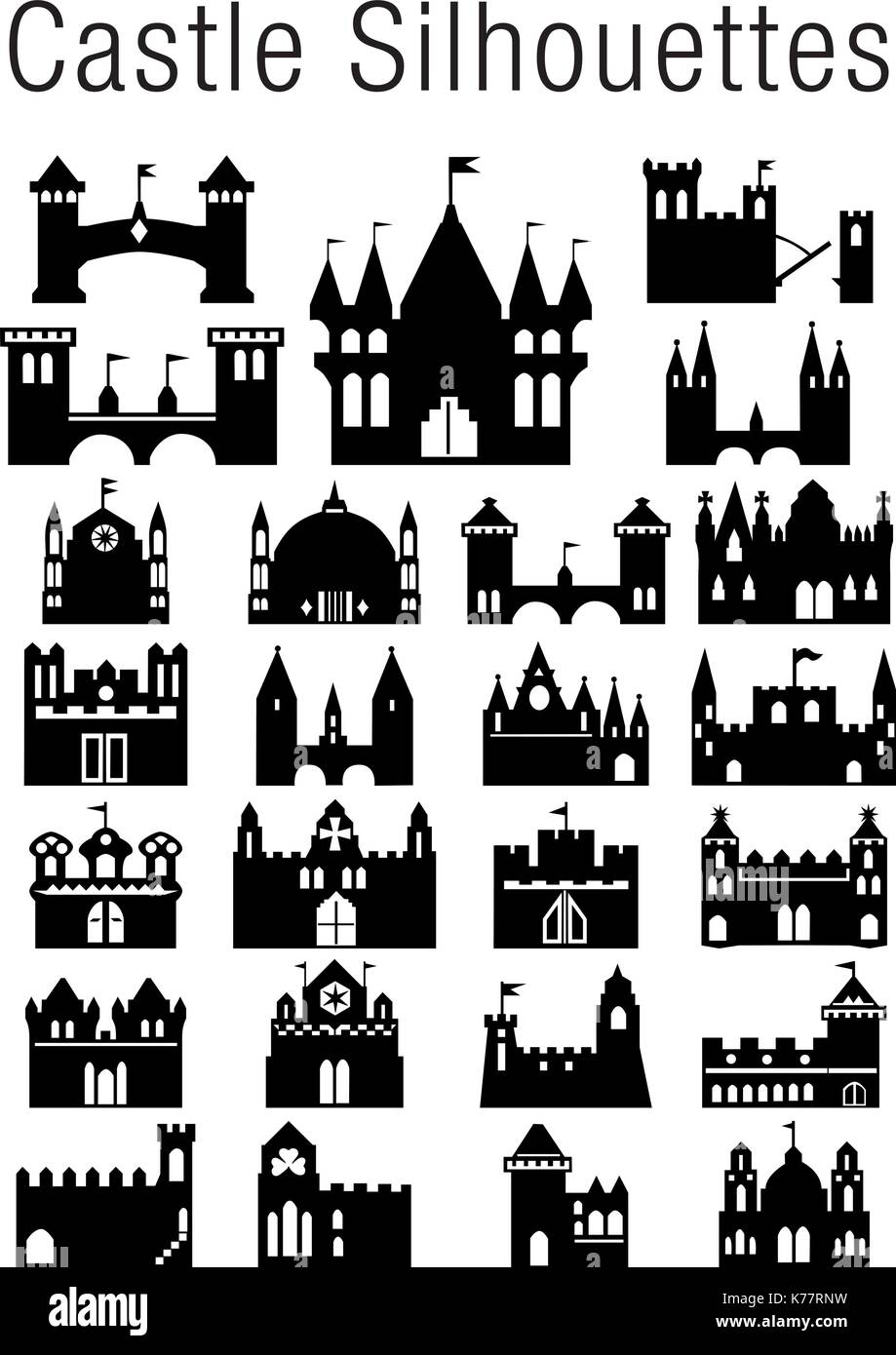 Satz von Schloss Silhouetten in schwarzer Farbe auf weißem Hintergrund Stock Vektor