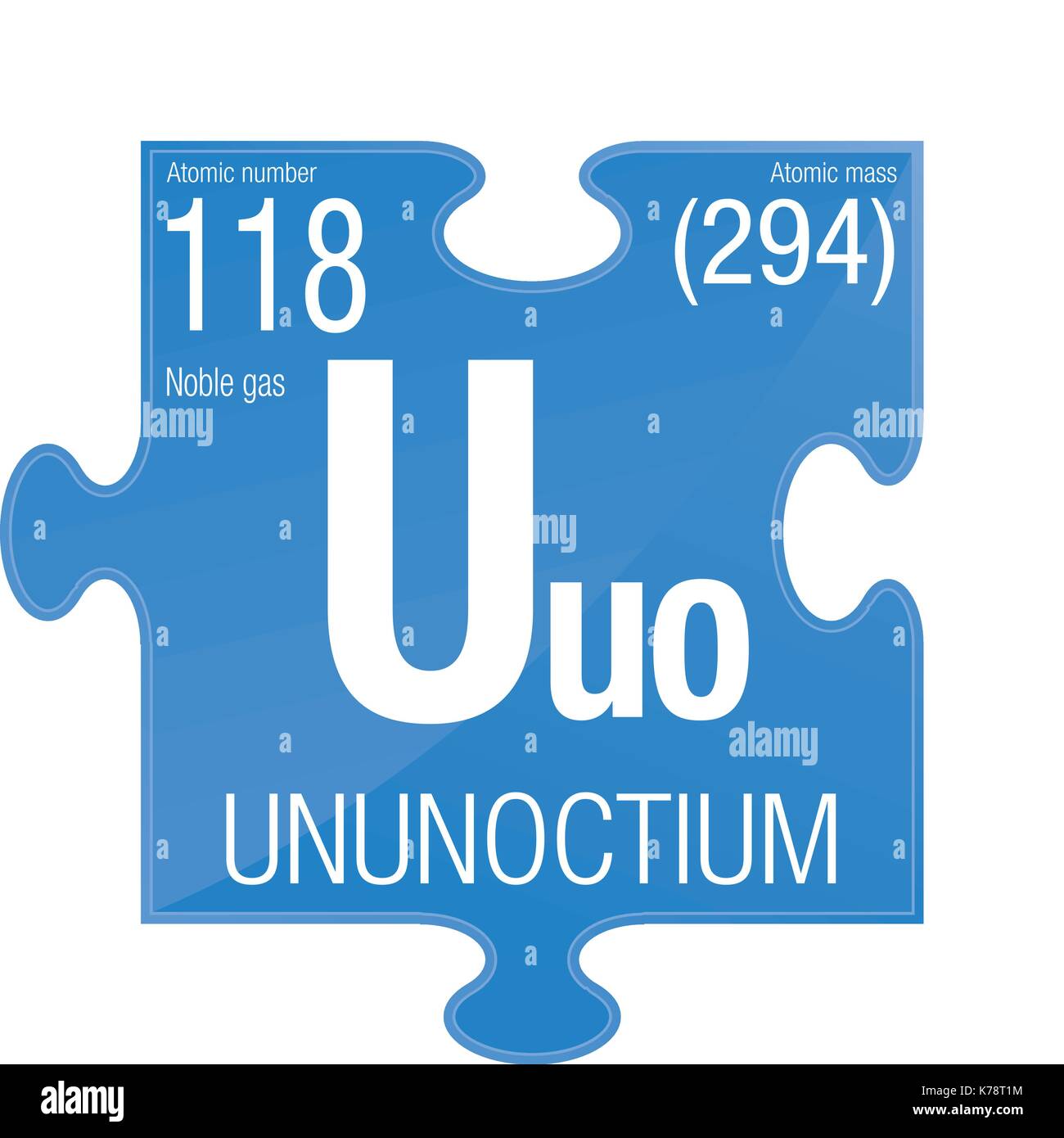 Ununoctium Symbol. Element 118 des Periodensystems der Elemente - Chemie - Puzzle Stück mit blauer Hintergrund Stock Vektor