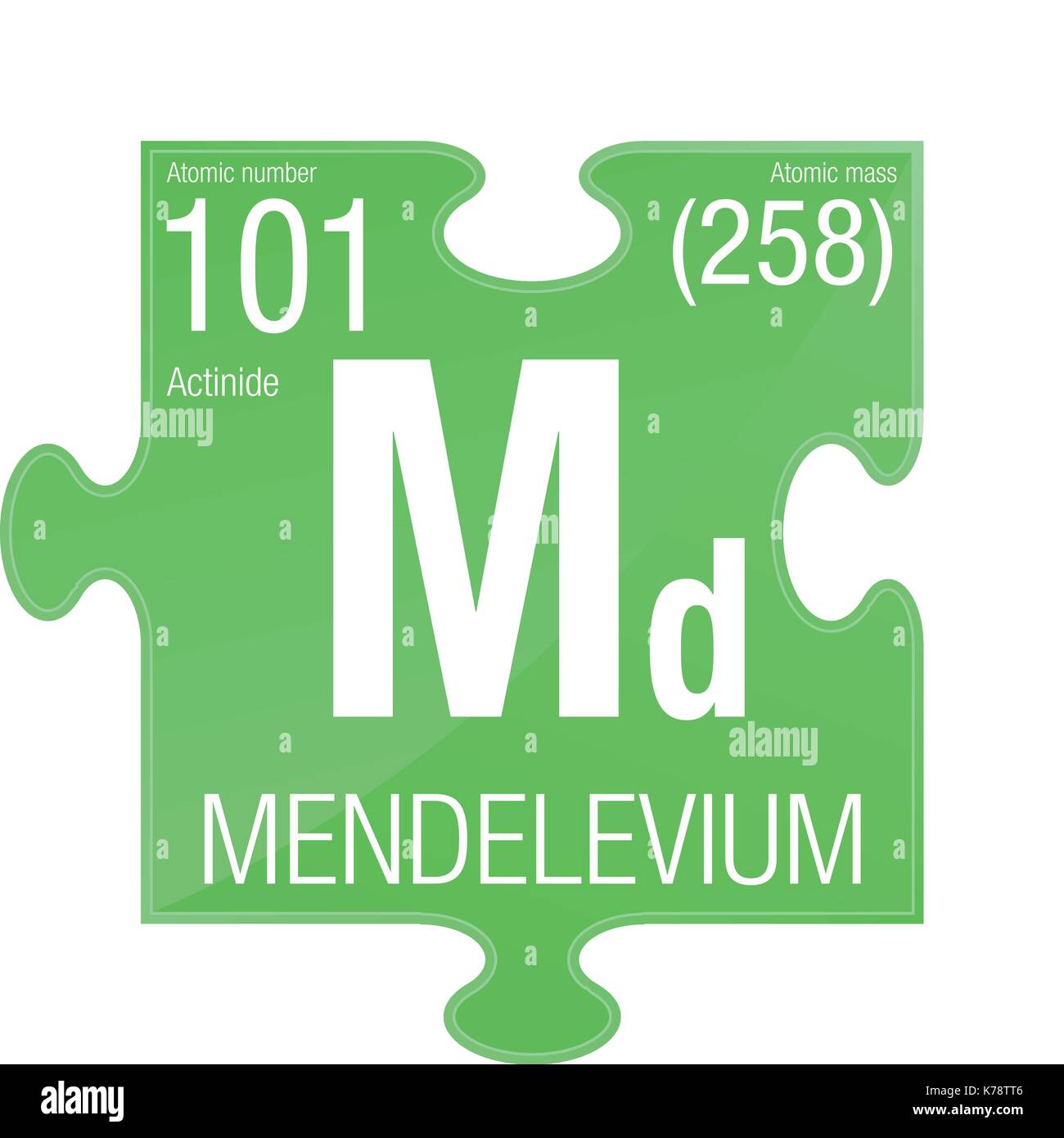 Mendelevium Symbol. Element 101 des Periodensystems der Elemente - Chemie - Puzzleteil mit grünem Hintergrund Stock Vektor