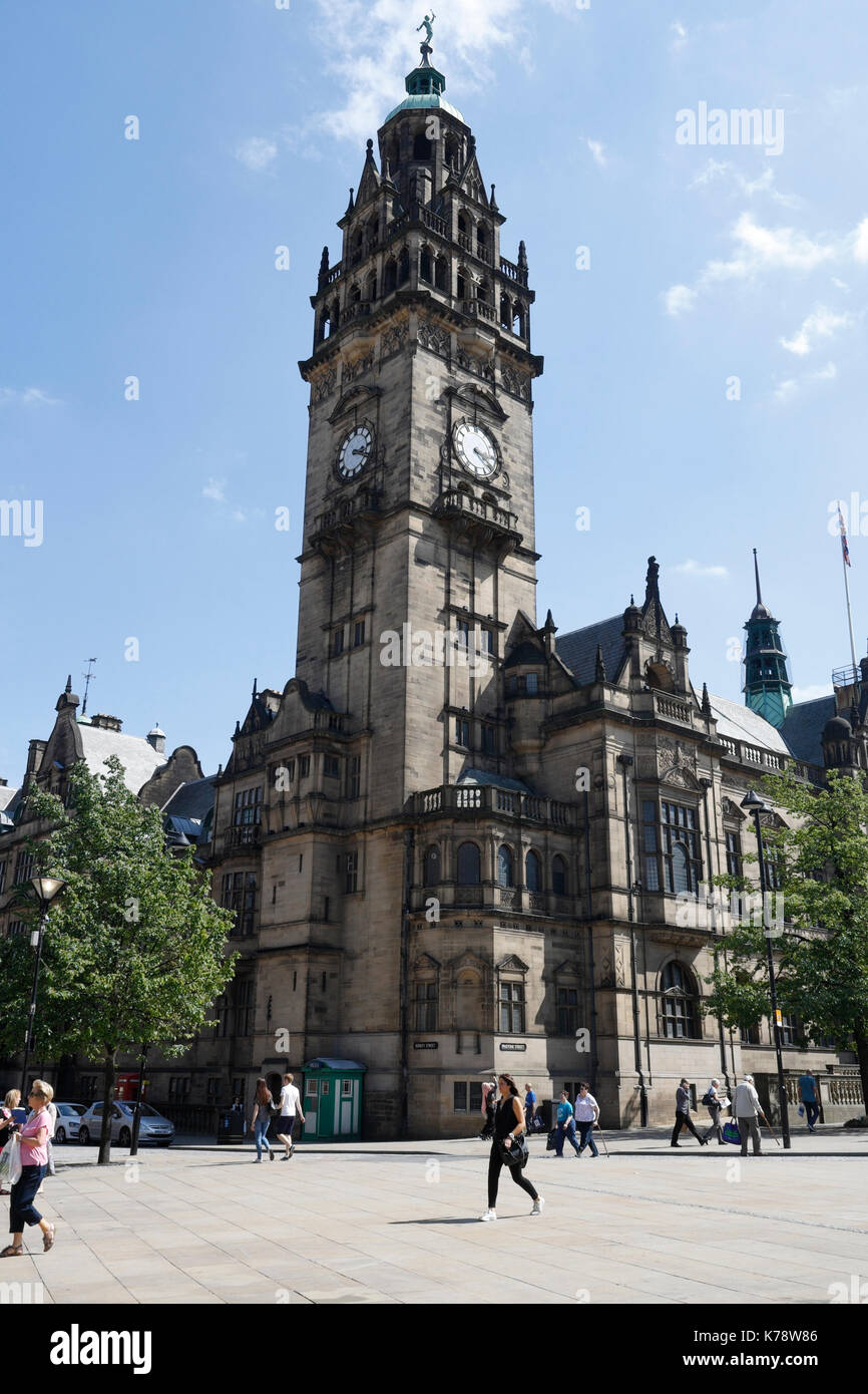 Rathaus Sheffield, Stadtzentrum England, Großbritannien, denkmalgeschütztes Gebäude der Kategorie 1, viktorianische Architektur, lokale Regierungsbüros stadtrat baut Uhrenturm Stockfoto