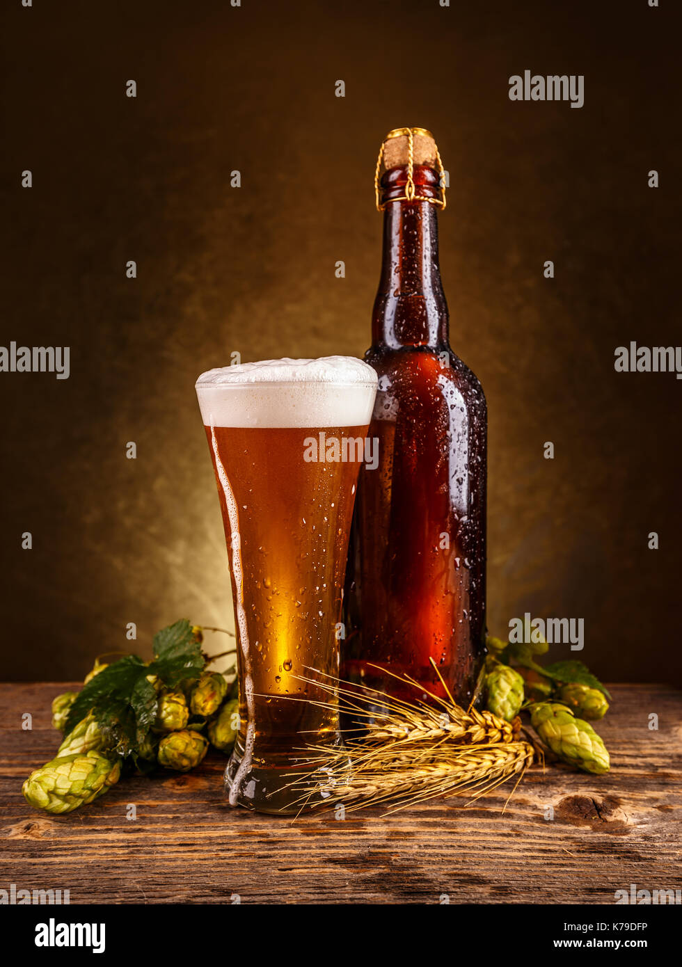 Glas schäumendem Bier mit Weizen und Hopfen Stockfoto