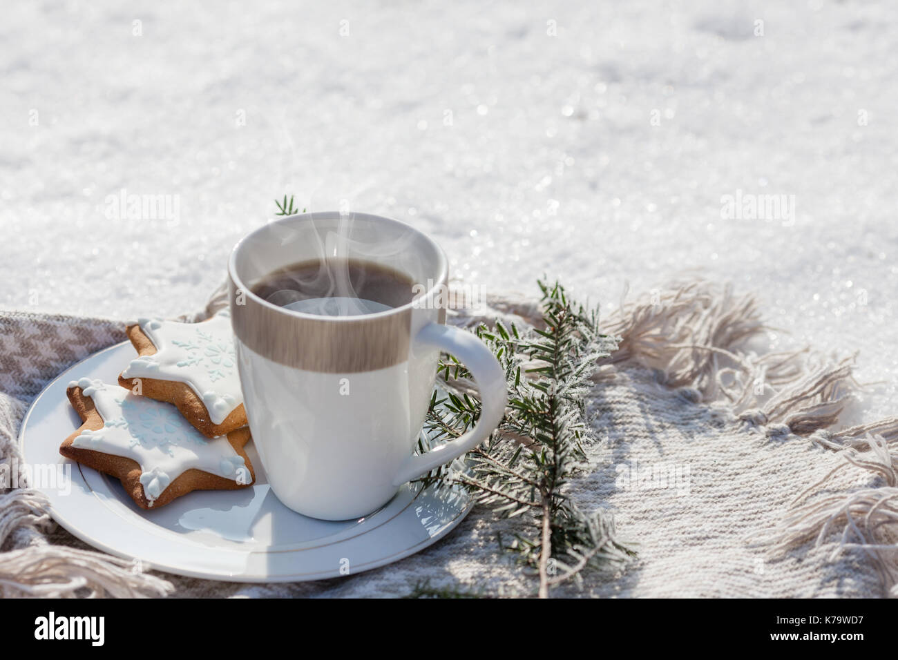 Gemtlich im Winter Entspannung: Eine Tasse heien Kaffee, eine Decke und  Lebkuchen mit Blick auf die verschneite Landschaft Stockfotografie - Alamy