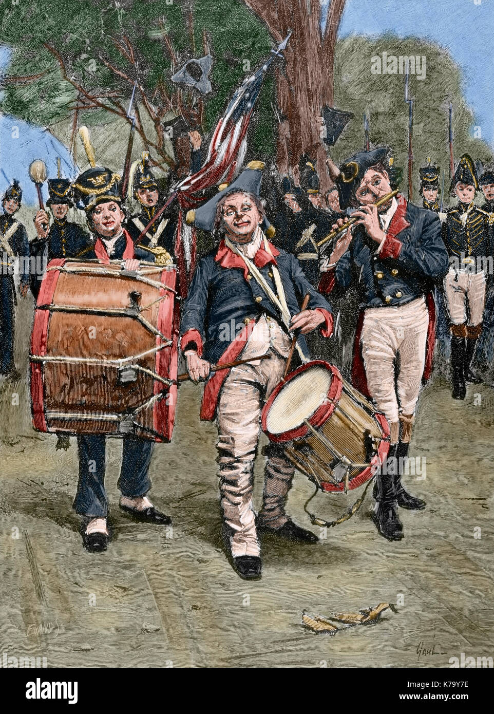Amerikanischer Unabhängigkeitskrieg (1775-1783). Feiert den Tag der Unabhängigkeit. Kupferstich von Gilbert Gaul. Gefärbt. Stockfoto