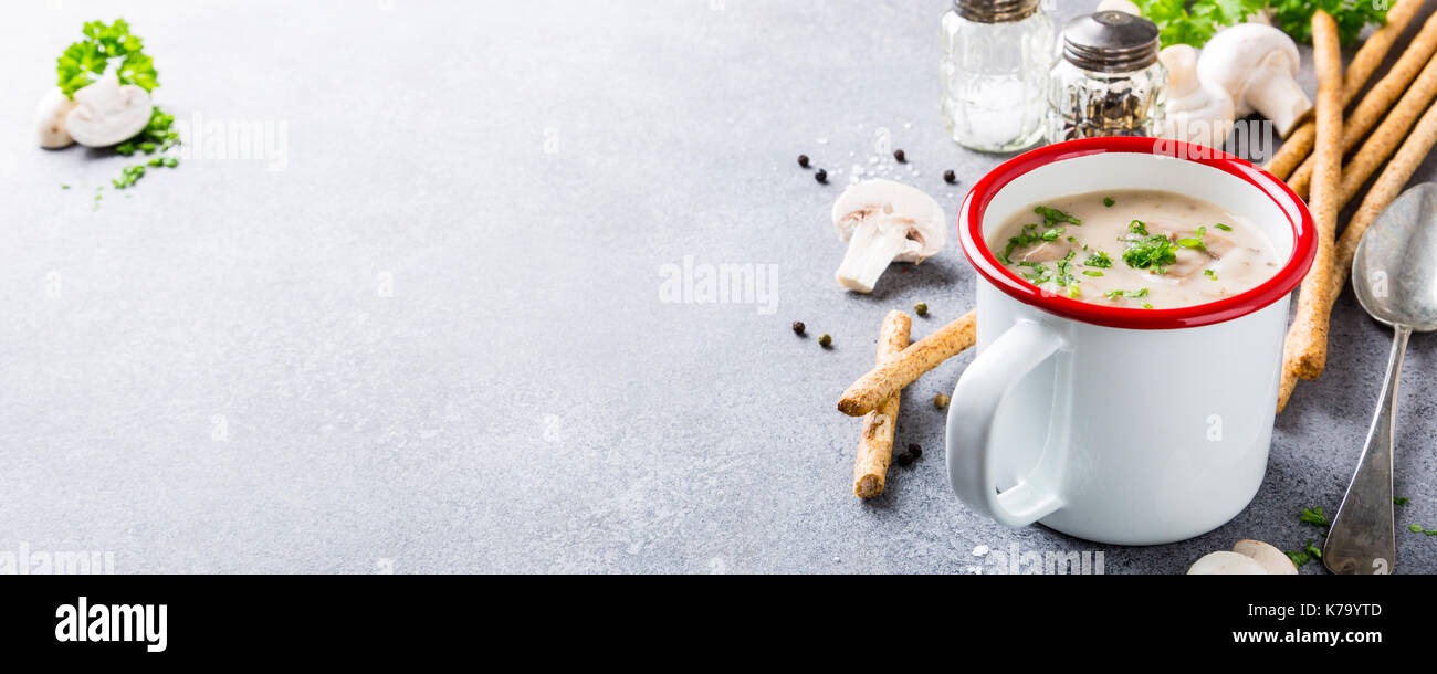 Leckere hausgemachte Pilze champignons Suppe mit Petersilie in Emaille Tasse. Gesunde Ernährung Konzept mit kopieren. Stockfoto