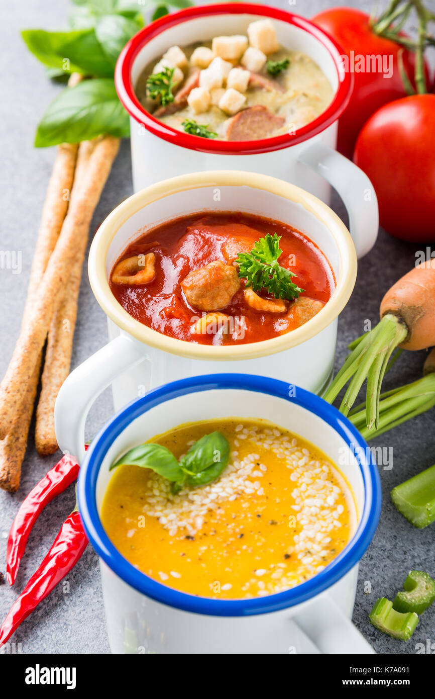 Verschiedene köstliche hausgemachte Suppen in Emaille Becher mit Zutaten. Gesunde Ernährung Konzept. Stockfoto