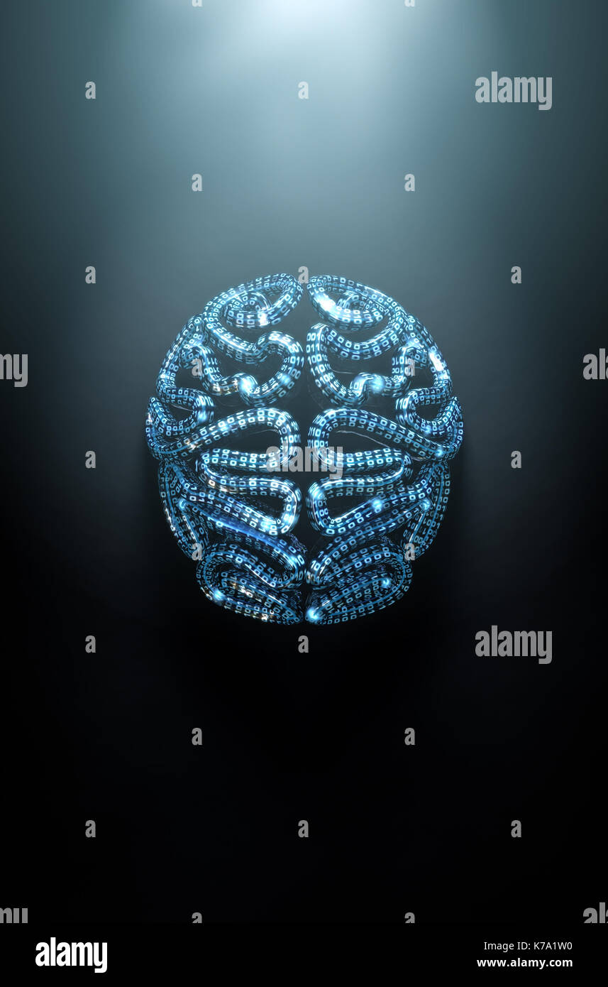 Eine stilisierte Gehirn strukturiert mit binären Computer daten code Darstellung künstliche Intelligenz auf einem isolierten dunklen spotlit Hintergrund - 3D-Rendering Stockfoto