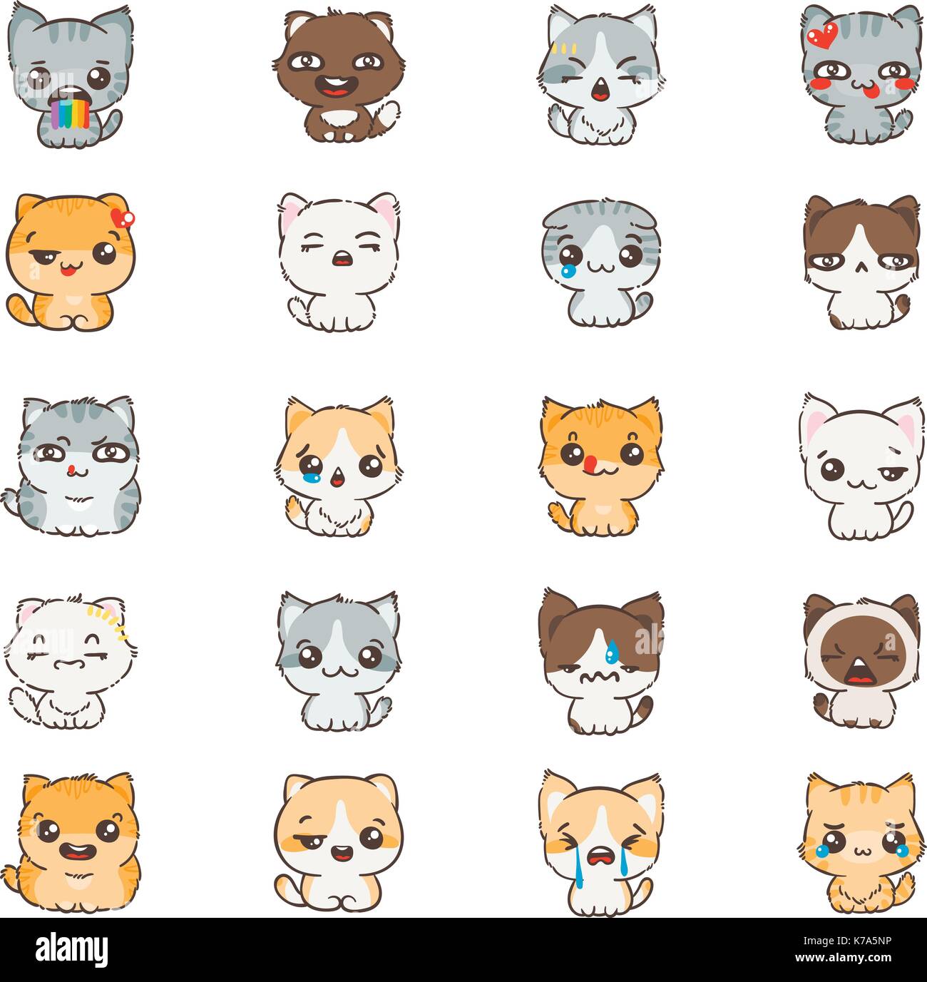 Cute Cartoon, Katzen und Hunde mit unterschiedlichen Emotionen. Aufkleber Sammlung. Vektor einrichten von Doodle Emoji und Emoticons. Stock Vektor