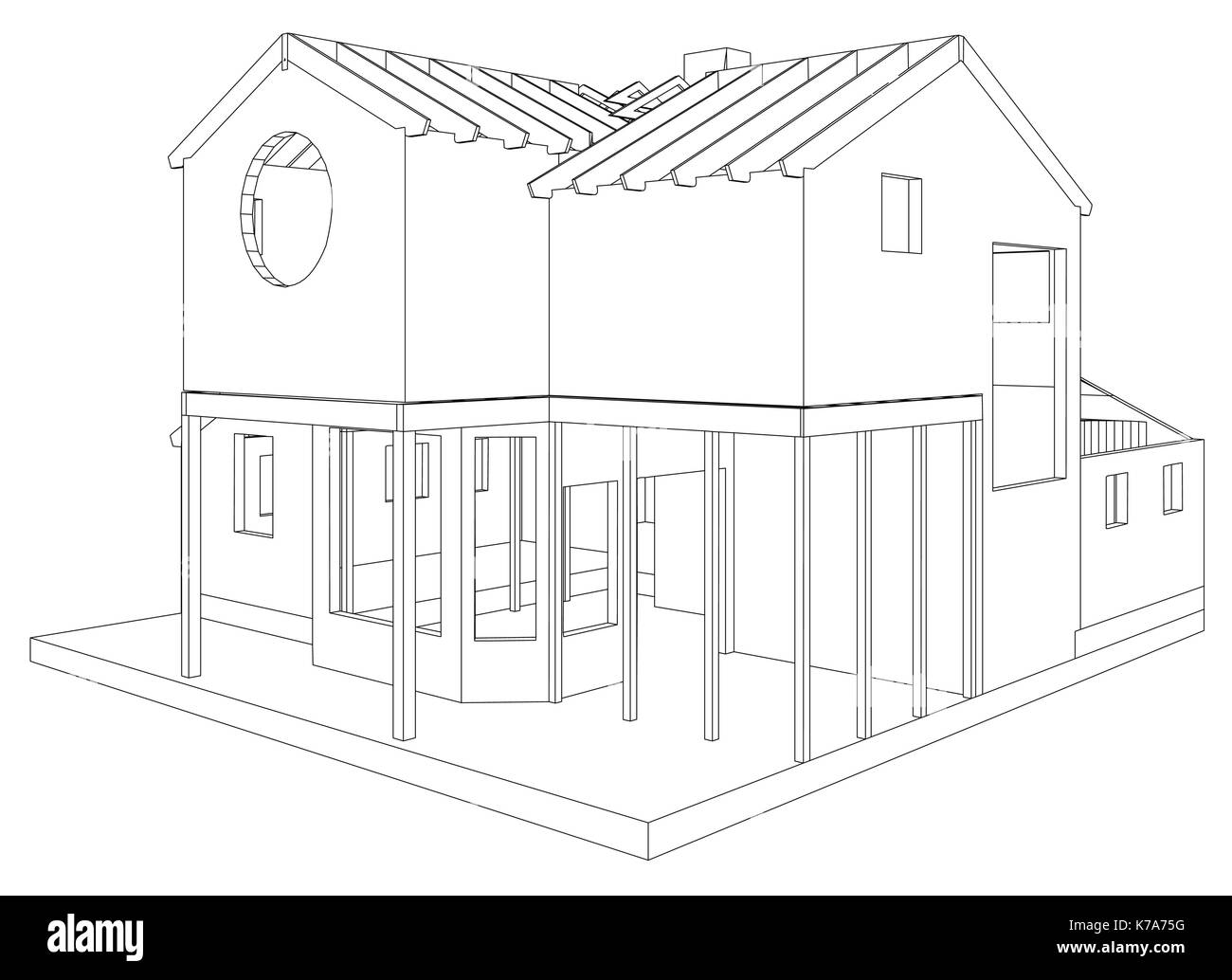 Haus Struktur Architektur. Abstrakte Zeichnung. Tracing Abbildung: 3d Stock Vektor