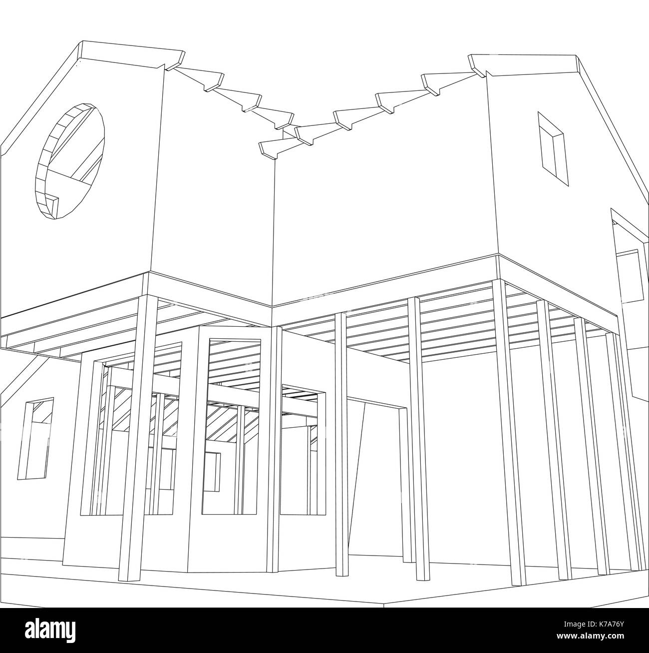 Haus Struktur Architektur. Abstrakte Zeichnung. Tracing Abbildung: 3d Stock Vektor