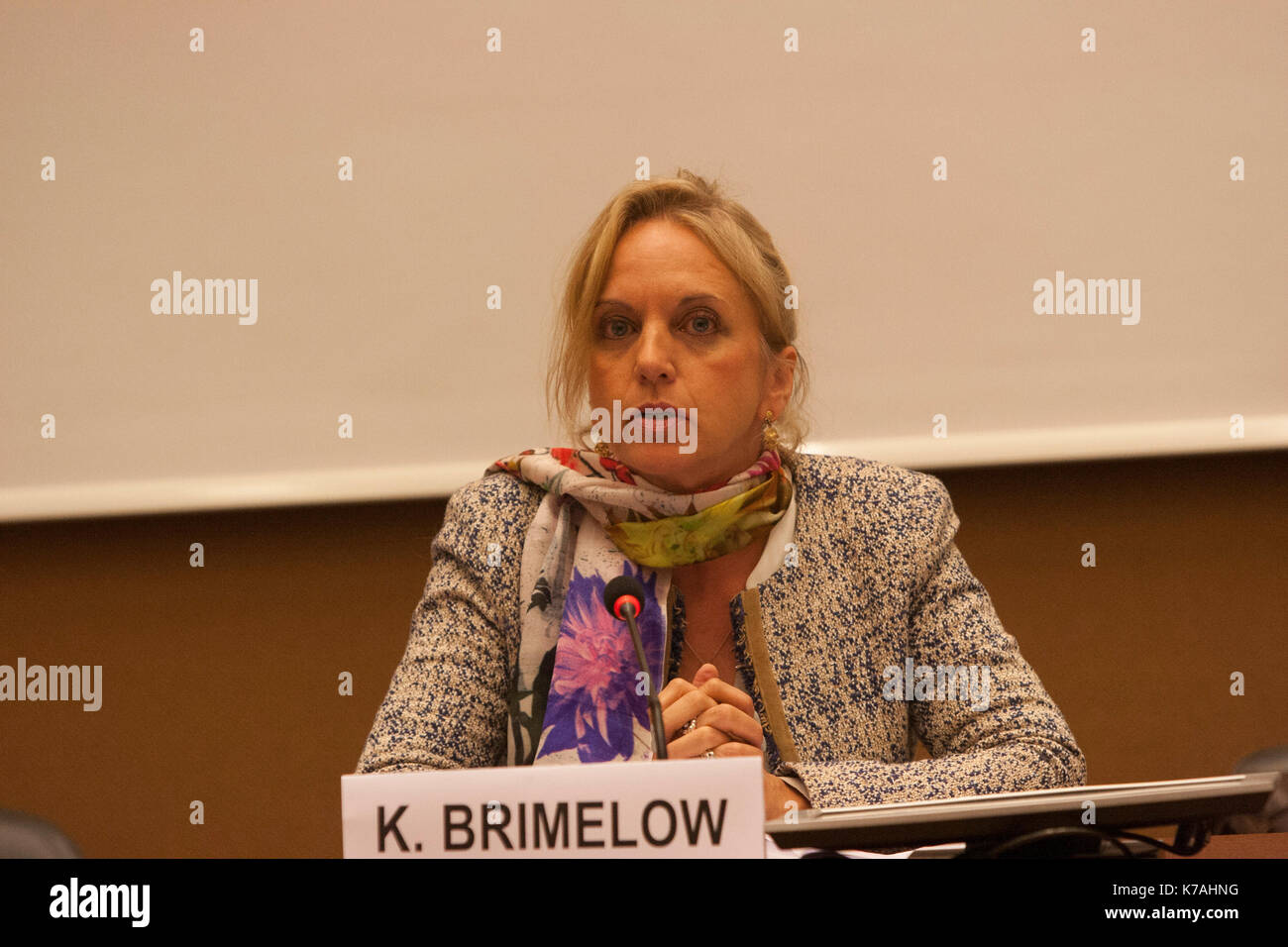 Kirsty Brimelow QC, Rechtsanwalt, Vorsitzende des Ausschusses für Menschenrechte England und Wales, Vereinte Nationen, Genf, Schweiz. 14 Sep, 2017. Menschenrechte Experten und Persönlichkeiten in einer Konferenz am 13. September 2017, an der 36. Tagung des Menschenrechtsrates in Genf, unterstützt den Antrag von Asma Jahangir, der UN-Sonderberichterstatter über die Lage der Menschenrechte im Iran, für die Untersuchung der Massaker 1988 im Iran. Credit: siavosh Hosseini/Alamy leben Nachrichten Stockfoto