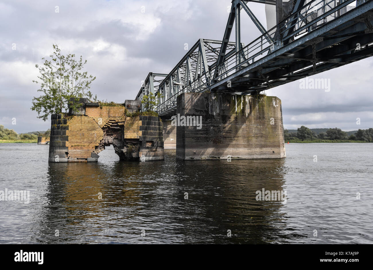 Neuruednitz, Deutschland. 13 Sep, 2017. Die europabruecke Eisenbahnbrücke über die Oder an der deutsch-polnischen Grenze in der Nähe von Neuruednitz, Deutschland, 13. September 2017. Es ist die längste Brücke über die Oder und wurde um 1920 erbaut. Die Brücke hat aufgrund der massiven Schäden seit Mitte-2010 s geschlossen. Jetzt die EU hat Mittel zur Verfügung, um die Brücke wieder benutzbar zu machen. Foto: Patrick Pleul/dpa-Zentralbild/ZB/dpa/Alamy leben Nachrichten Stockfoto