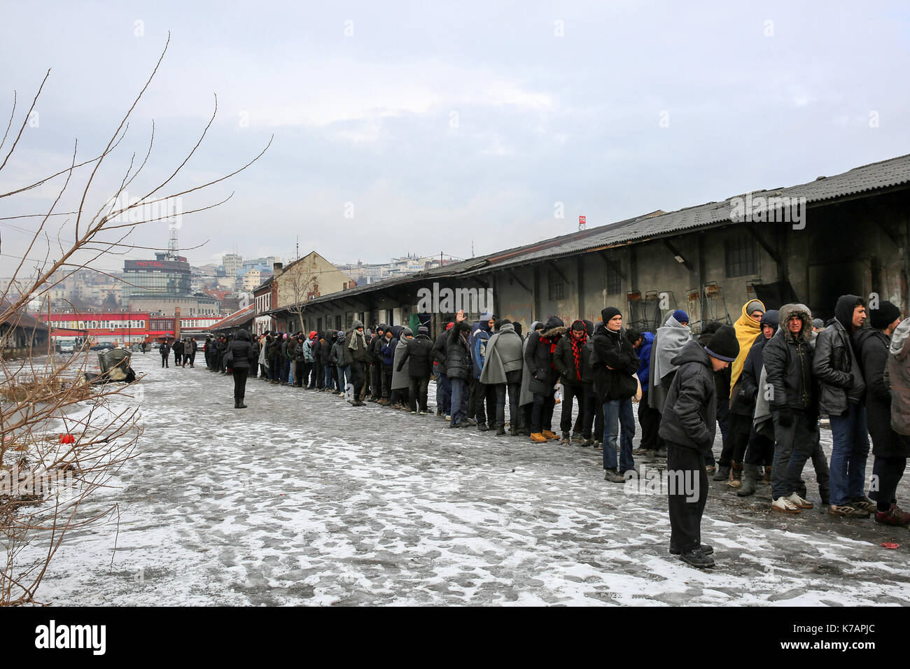 Belgrad, Siriani Migranten Flüchtlinge im alten Bahnhof Belgrad warten auf Wiedereröffnung der Grenzen in Europa. Sie leben, wie Sie können, mit Temperaturen die auch die 15° unter Null berühren. Auf dem Foto in einer Reihe für die Mahlzeit. 14.01.2017, Belgrad, Serbien Stockfoto