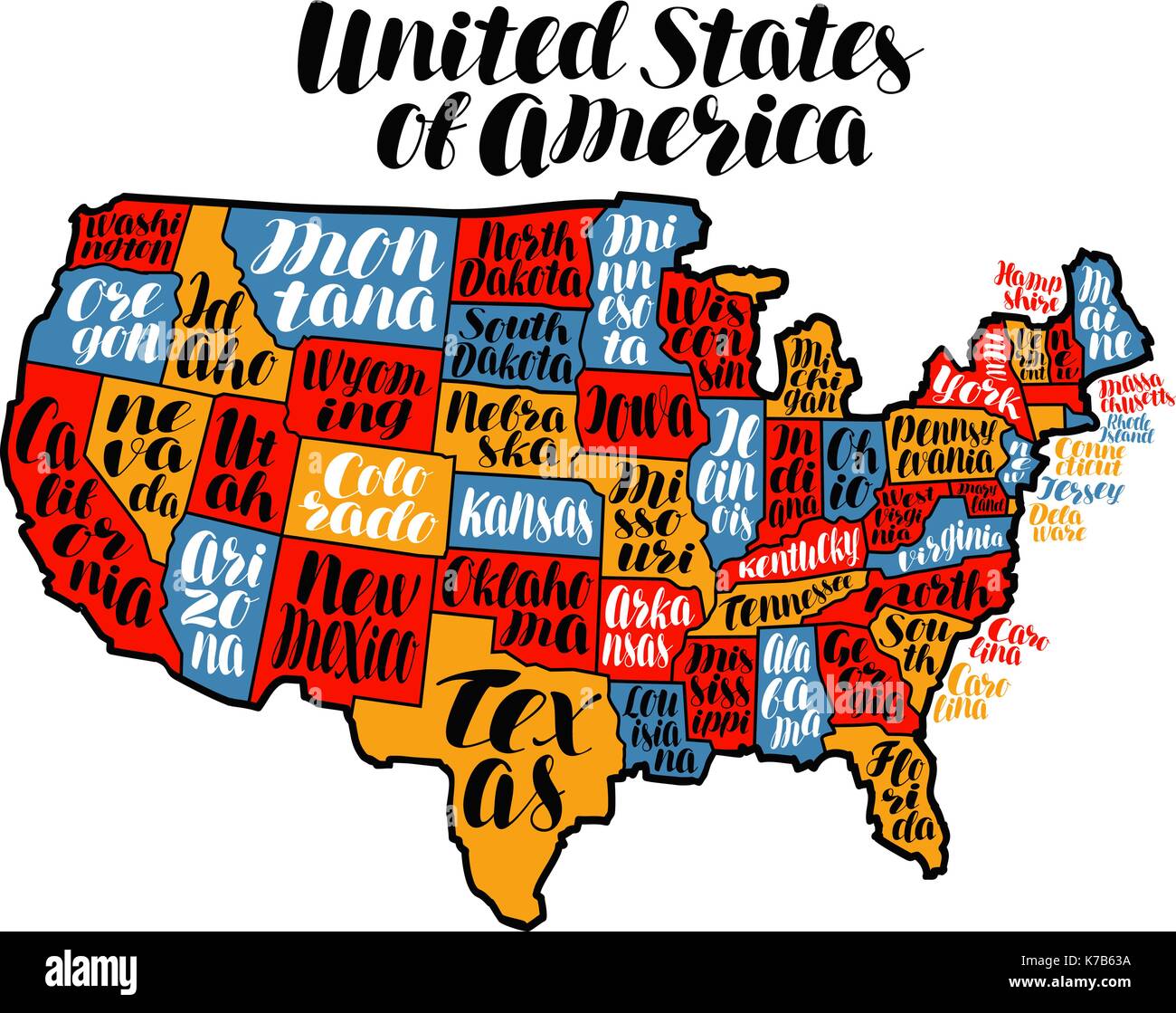 USA-Karte Land, die Vereinigten Staaten von Amerika. Schriftzug Vector Illustration Stock Vektor