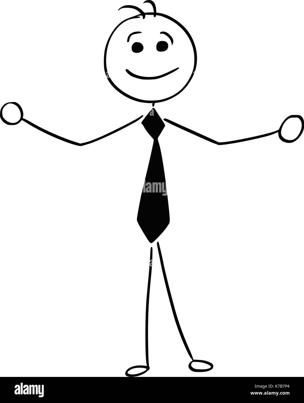 Cartoon stick Mann Abbildung von lächelnden Business mann Geschäftsmann mit offenen Armen willkommen zu heißen. Stock Vektor