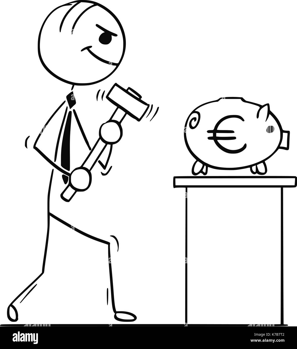 Cartoon stick Mann Abbildung: Lächeln, Geschäftsmann oder Politiker gehen mit Hammer das Sparschwein mit Euro Zeichen zu brechen. Stock Vektor