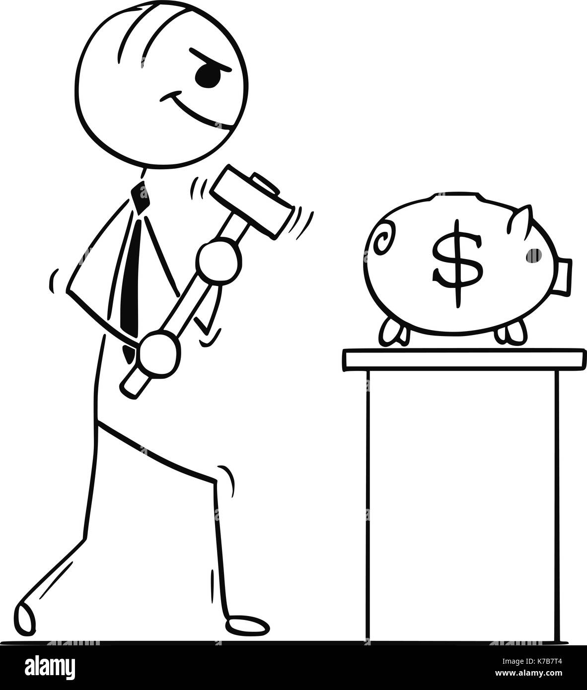 Cartoon stick Mann Abbildung: Lächeln, Geschäftsmann oder Politiker gehen mit Hammer das Sparschwein mit Dollarzeichen zu brechen. Stock Vektor