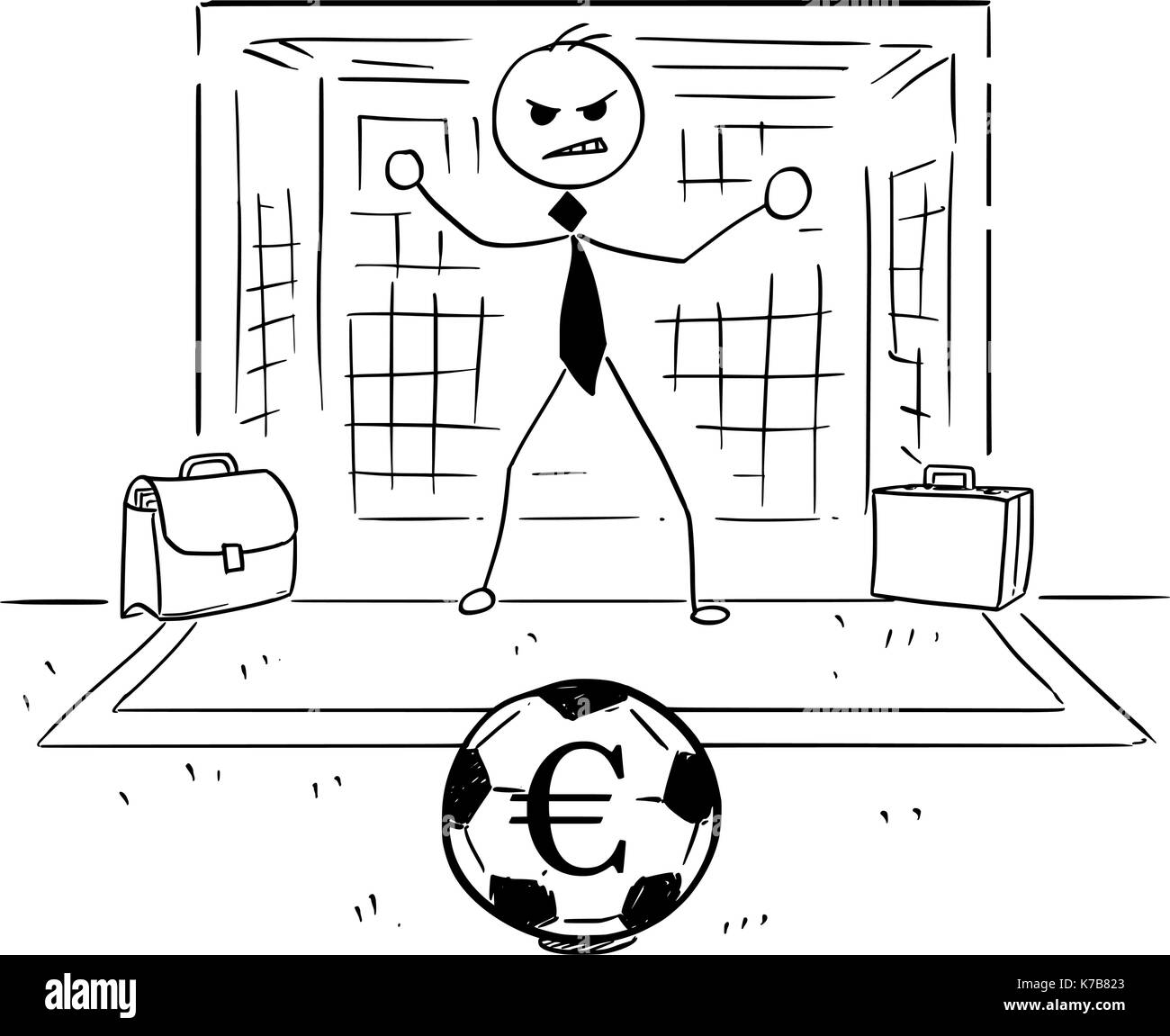 Konzeptionelle cartoon Vector Illustration von Stick Mann Geschäftsmann als Fußball-Torwart Torwart bereit, den Ball mit Euro Zeichen zu fangen. Stock Vektor