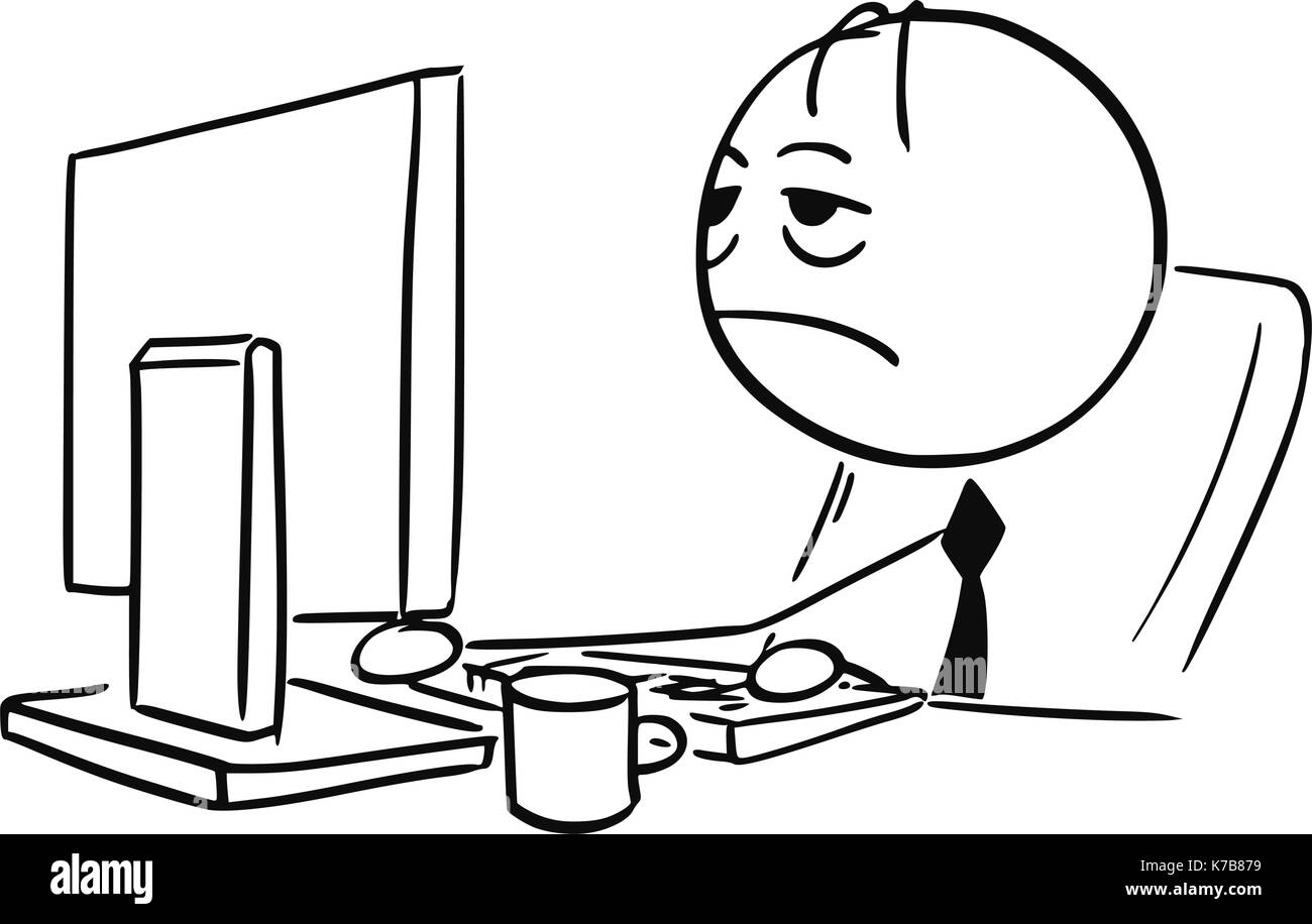Cartoon stick Mann Abbildung: müde Geschäftsmann Geschäftsmanns, der auf dem Desktop Computer. Stock Vektor