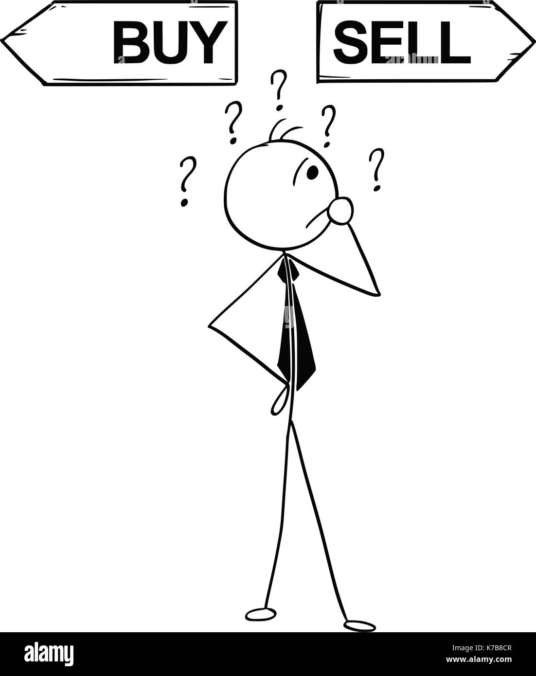 Cartoon stick Mann Abbildung: business Mann Geschäftsmann, Entscheidung über die Kreuzung mit zwei Pfeile zu kaufen und zu verkaufen. Stock Vektor