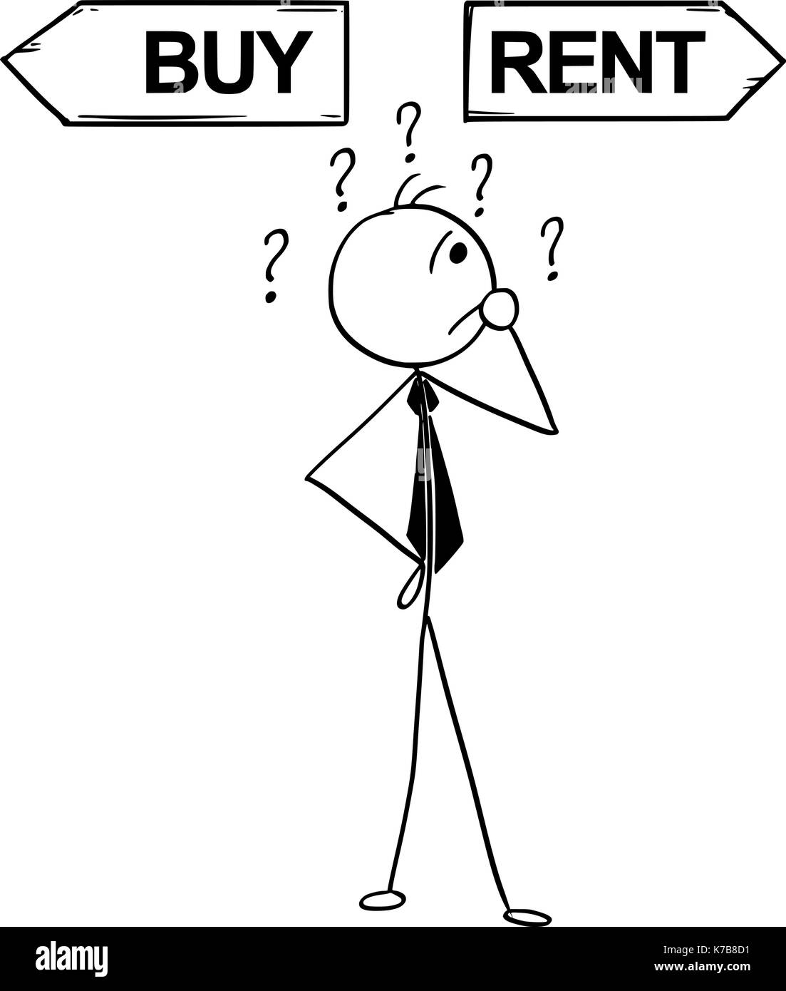 Cartoon stick Mann Abbildung: business Mann Geschäftsmann, Entscheidung über die Kreuzung mit zwei Pfeile zu kaufen und zu mieten. Stock Vektor