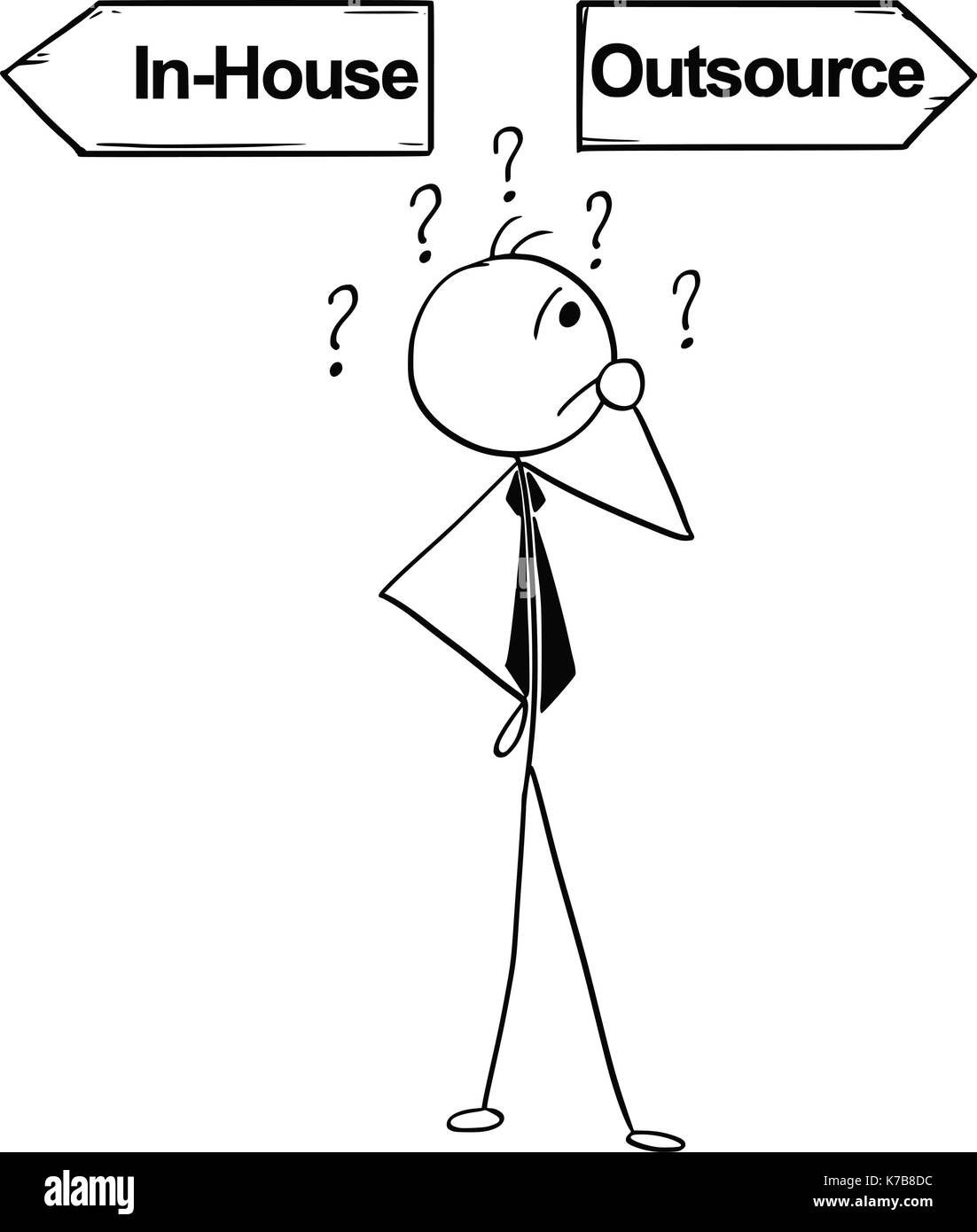 Cartoon stick Mann Abbildung: business Mann Geschäftsmann, Entscheidung über die Kreuzung mit zwei Pfeile In- und Outsourcing. Stock Vektor