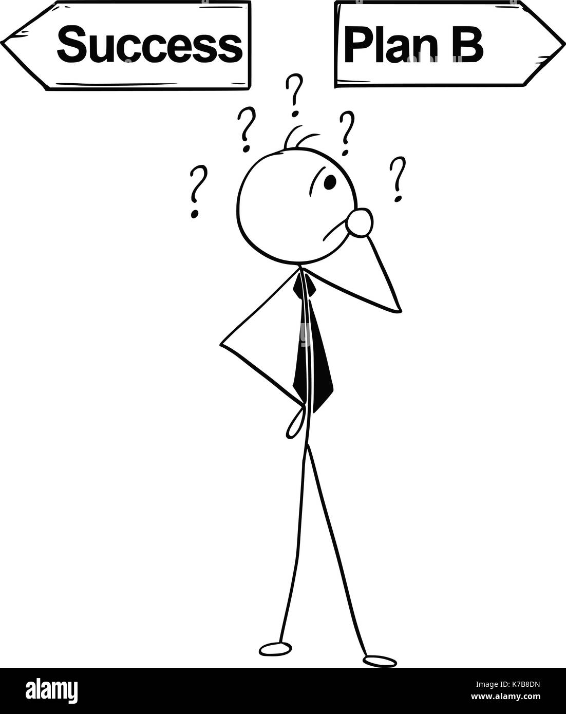 Cartoon stick Mann Abbildung: business Mann Geschäftsmann, Entscheidung über die Kreuzung mit zwei Pfeilen Erfolg und Plan B. Stock Vektor