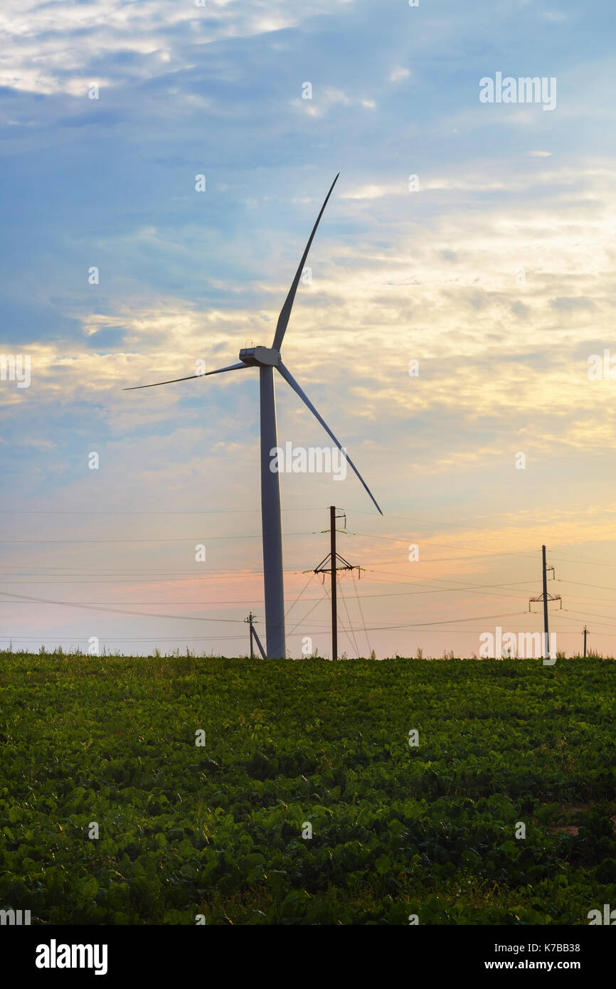 Windmühle für Stromerzeugung auf Sonnenuntergang Hintergrund. Vertikale erschossen. Stockfoto