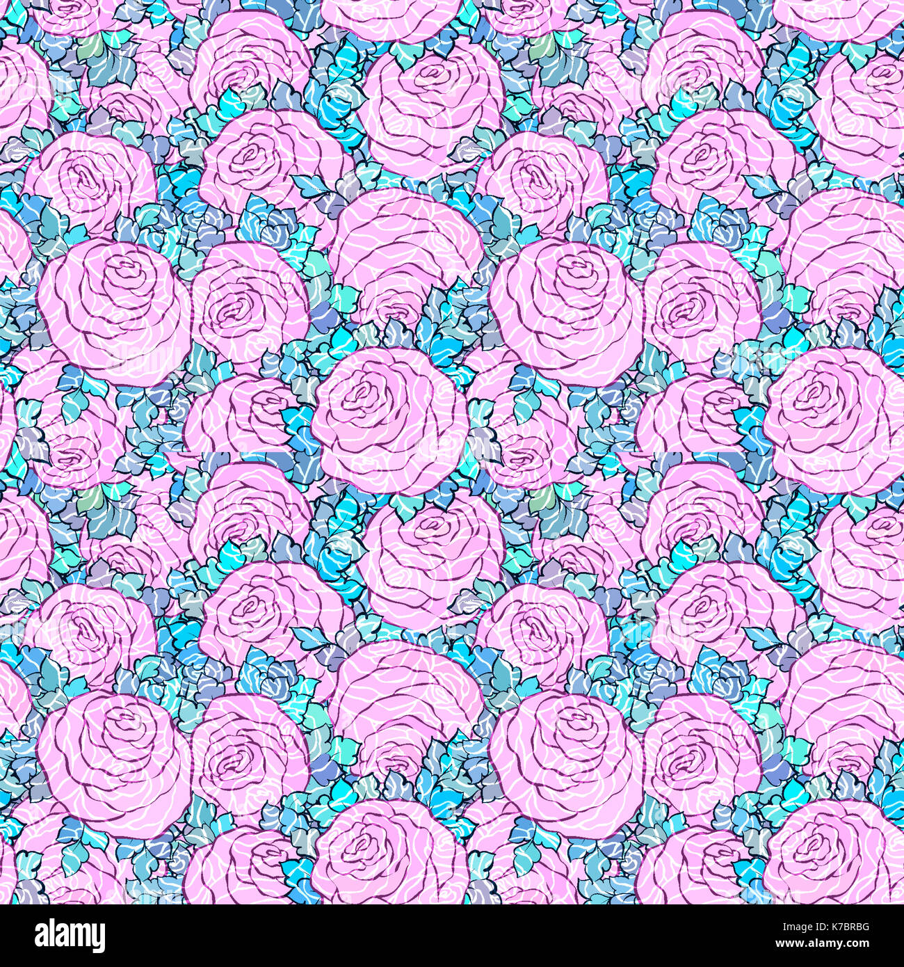 Florale dekorative helle rosa Hintergrund mit niedlichen Rosen, nahtlose Muster. Stockfoto