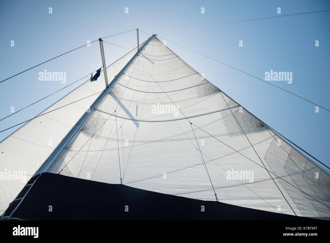 Großsegel der Segelyacht im Wind, Sonne im Hintergrund Stockfoto