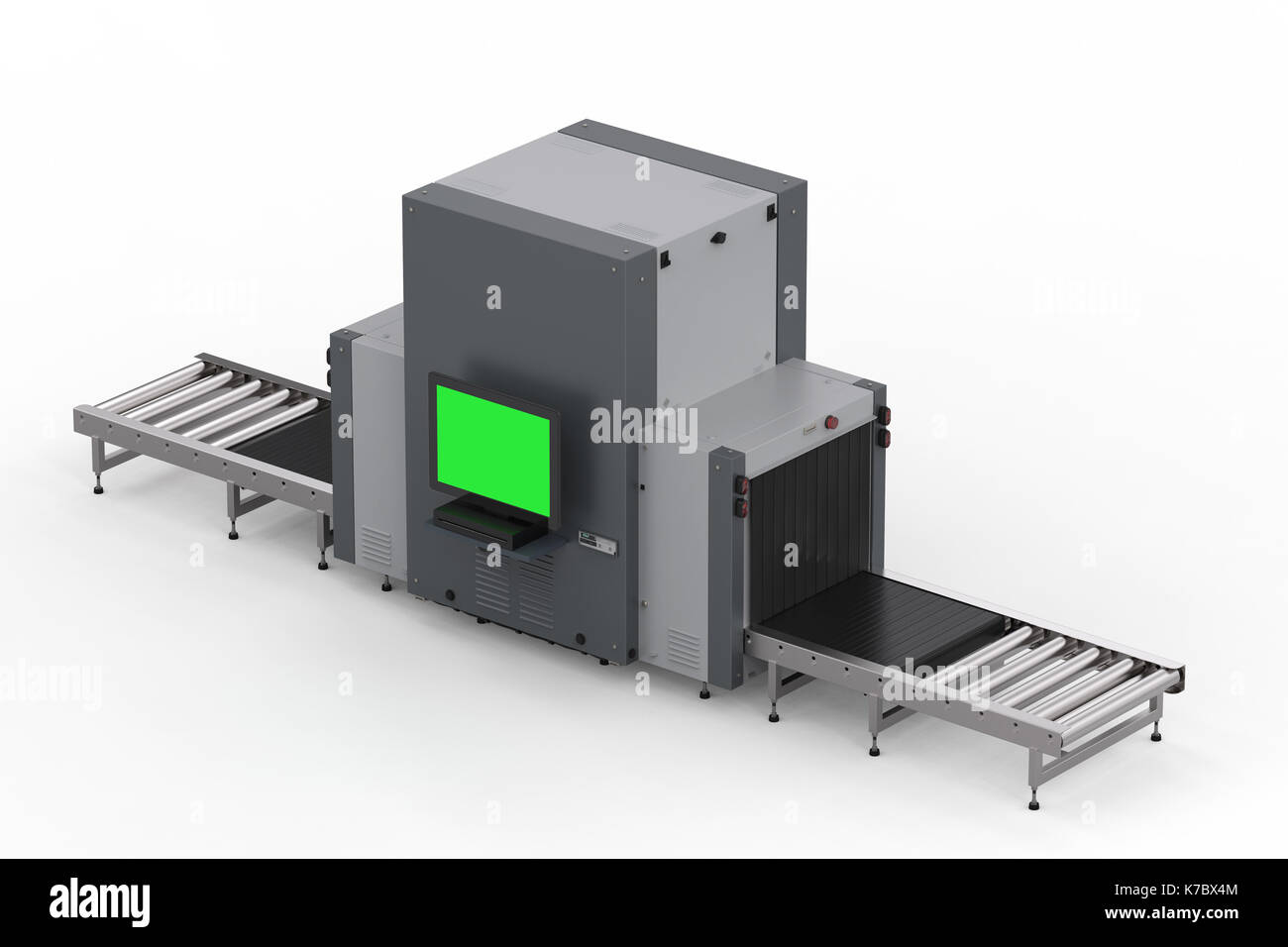 3D-rendering Sicherheitskontrolle am Flughafen mit Scanner Maschine mit leeren Monitor und Transportband Stockfoto
