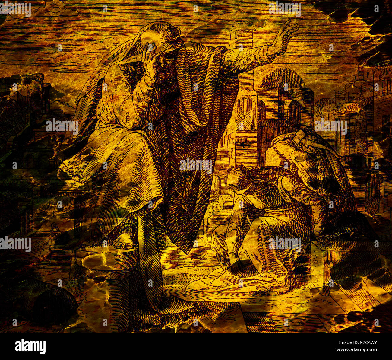 Der Schrei des Propheten Jeremia, Grafik Collage von der Gravur des Nazareene Schule, in der heiligen Bibel veröffentlicht, St. Vojtech Publishing, Trnava, Slowakei Stockfoto