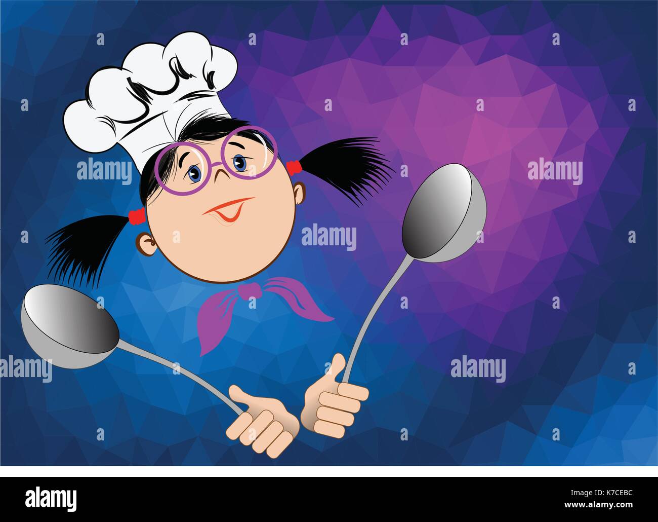 Ein Mädchen in Gläsern und ein Koch hat hält in ihrer Hände grosse Löffel auf einen abstrakten Hintergrund Stock Vektor