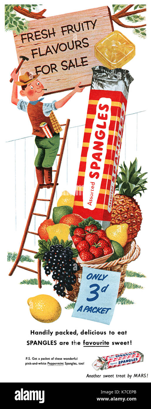 1953 britischen Werbung für Spangles Süßigkeiten. Stockfoto