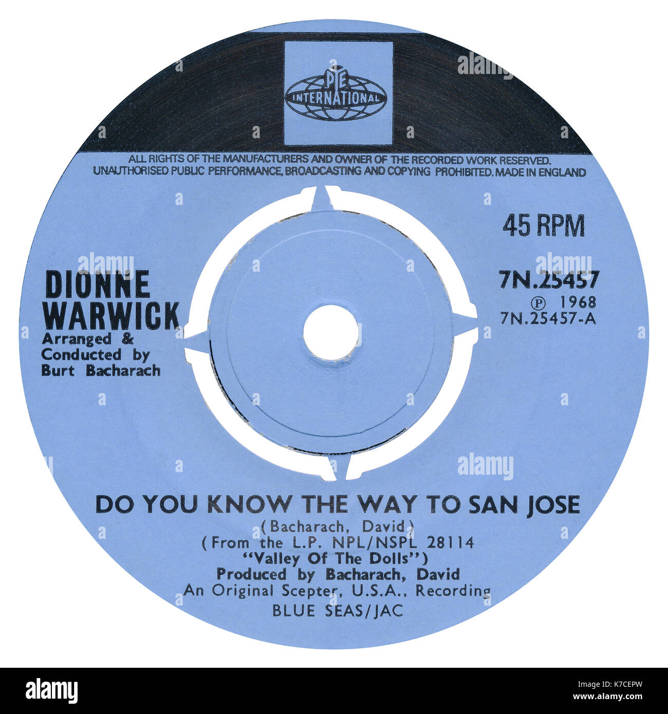 45 U/min 7" das britische Label der Kennen Sie den Weg nach San Jose? Von Dionne Warwick auf der Nye internationale Label von 1968. Stockfoto