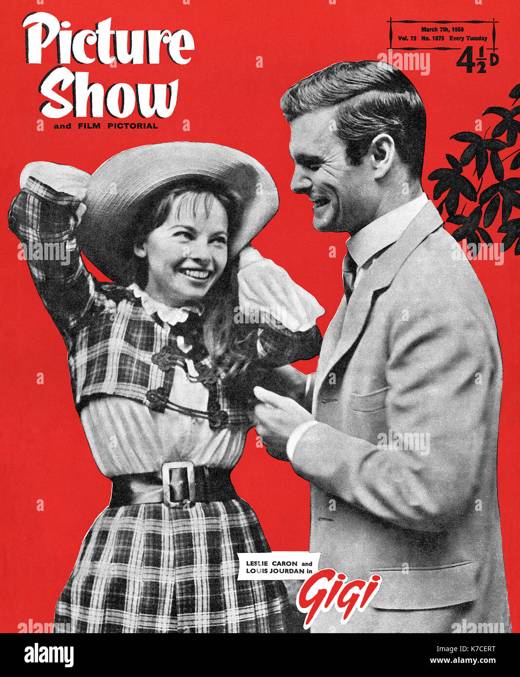 Vintage Abdeckung an der Vorderseite von Picture Show Magazin für den 7. März 1959, mit Leslie Caron und Louis Jourdan im Film Gigi. Stockfoto