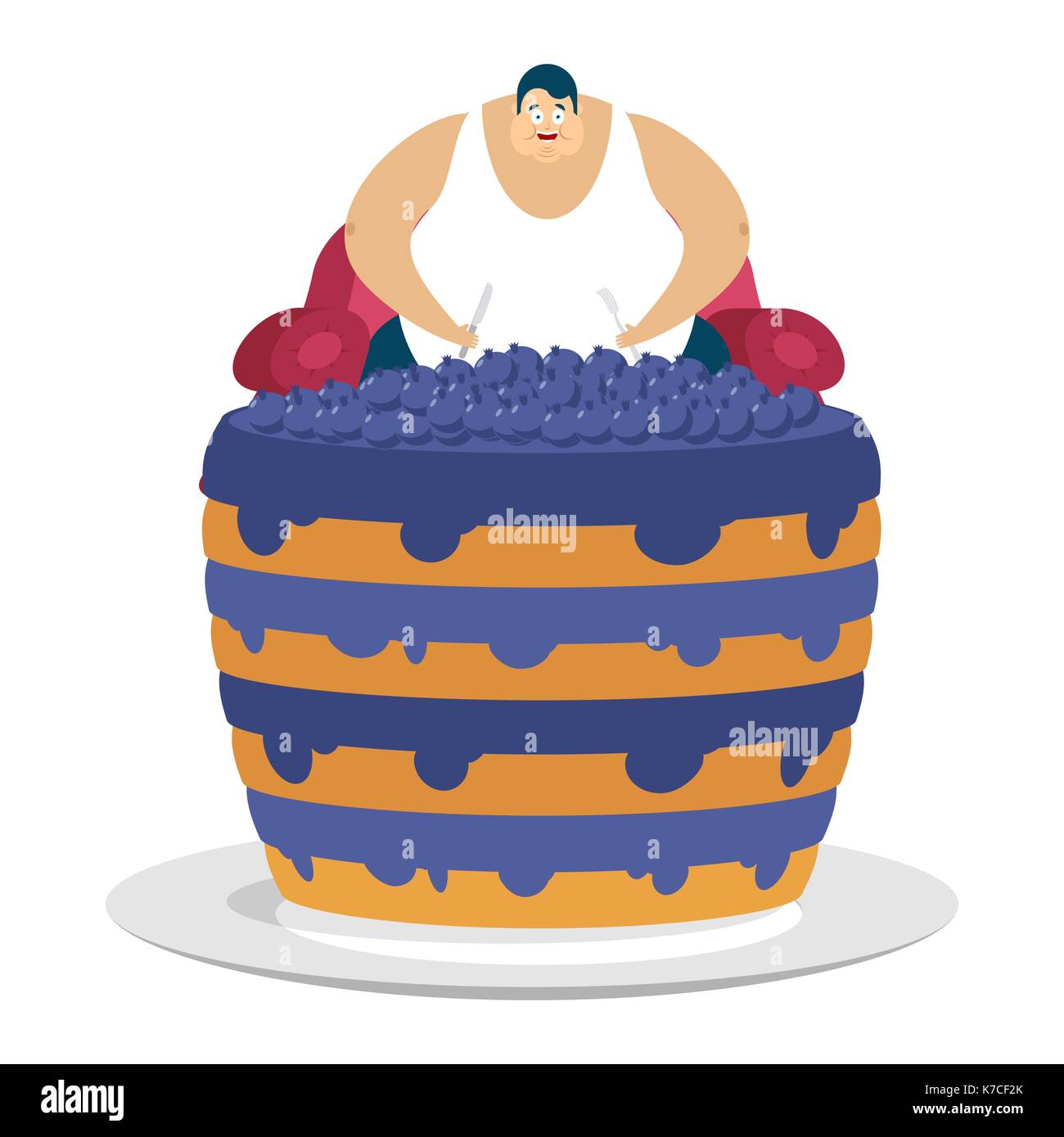 Fette Kerl sitzt auf einem Stuhl und Heidelbeerkuchen. Schlemmer Dicken Mann und Torte. fatso Vector Illustration Stock Vektor