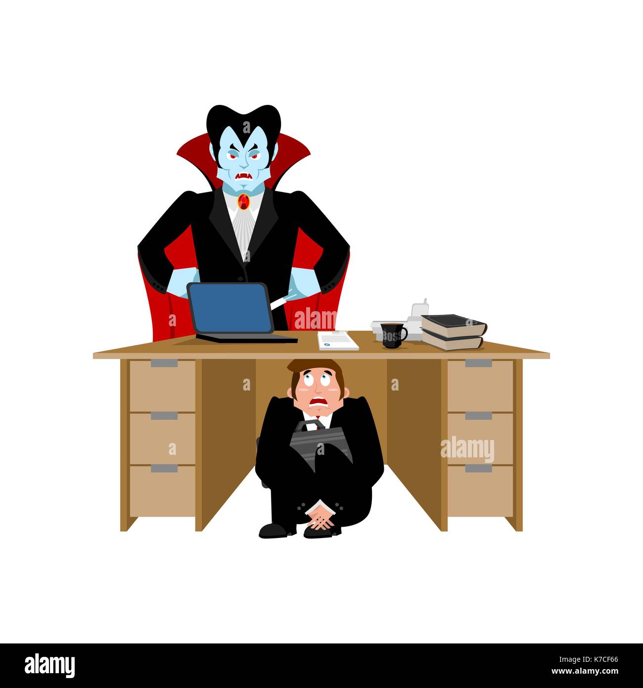 Unternehmer Angst unter Tabelle von Dracula Vampir. Zum Ausblenden von nicht Blut zu trinken. erschrocken Geschäftsmann unter Arbeiten. Chef angst Büro Schreibtisch. Stock Vektor